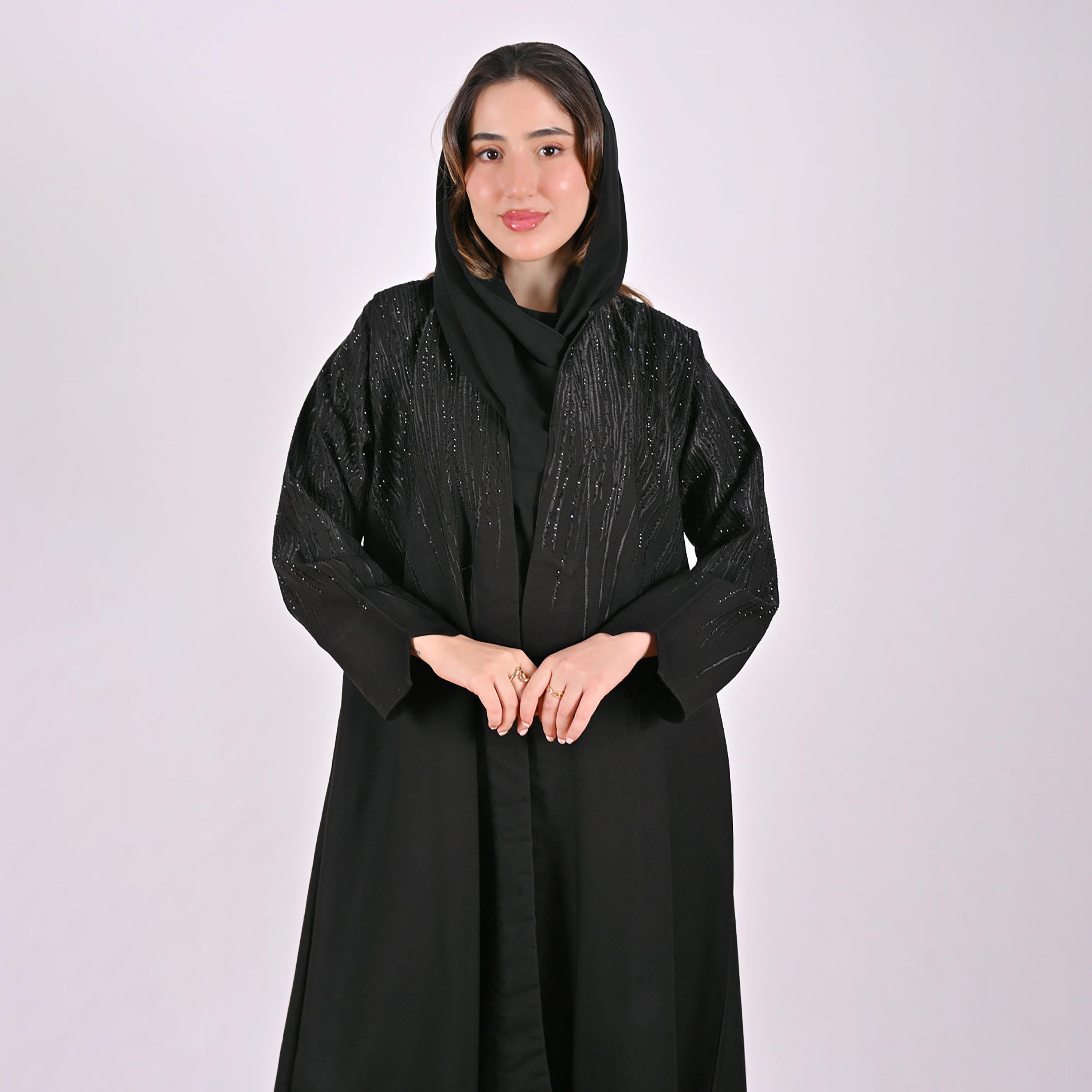 Hawraa Black Embroidered Linen Women's Abaya with Hijab-women-arabicclothing-abayas-image-3