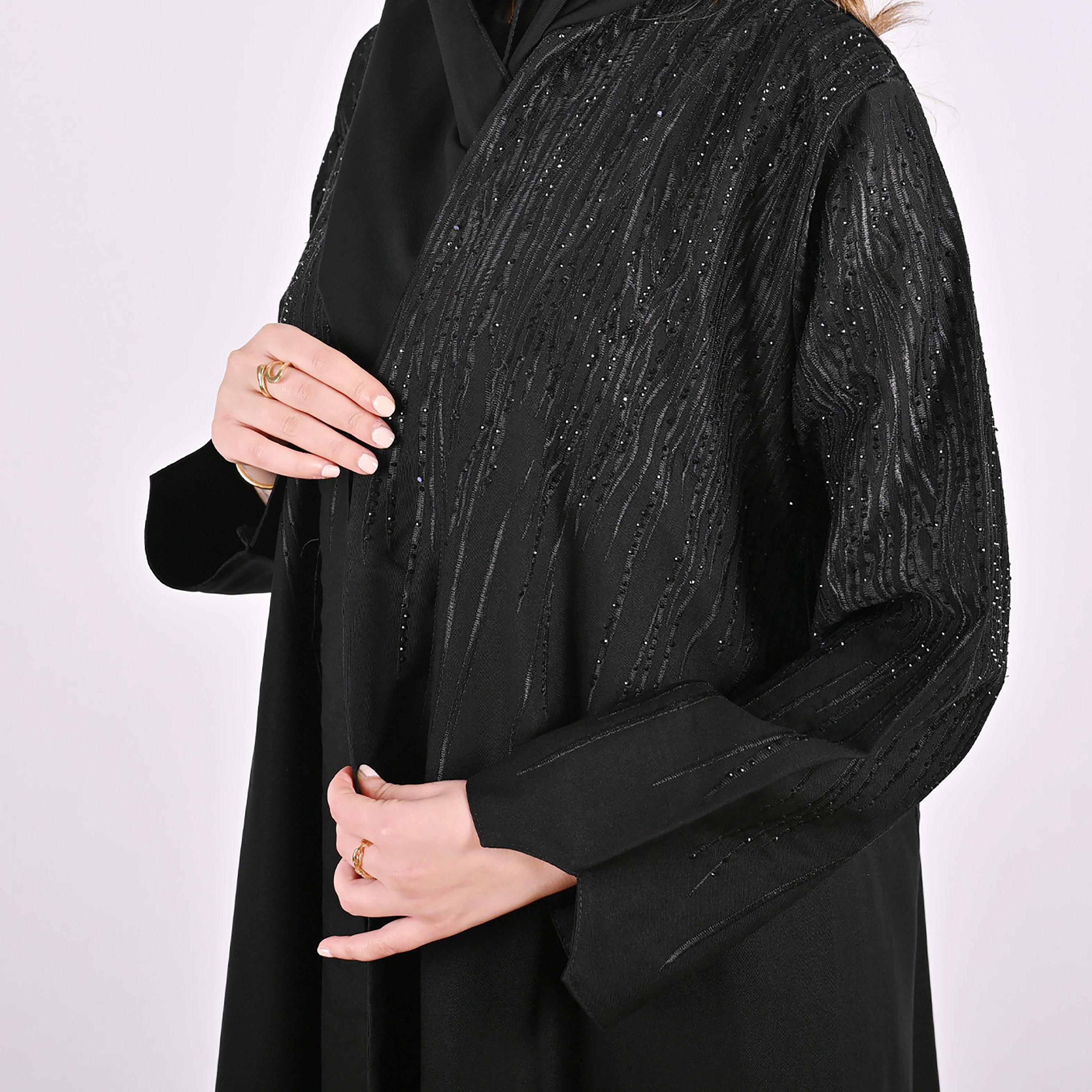 Hawraa Black Embroidered Linen Women's Abaya with Hijab-women-arabicclothing-abayas-image-4