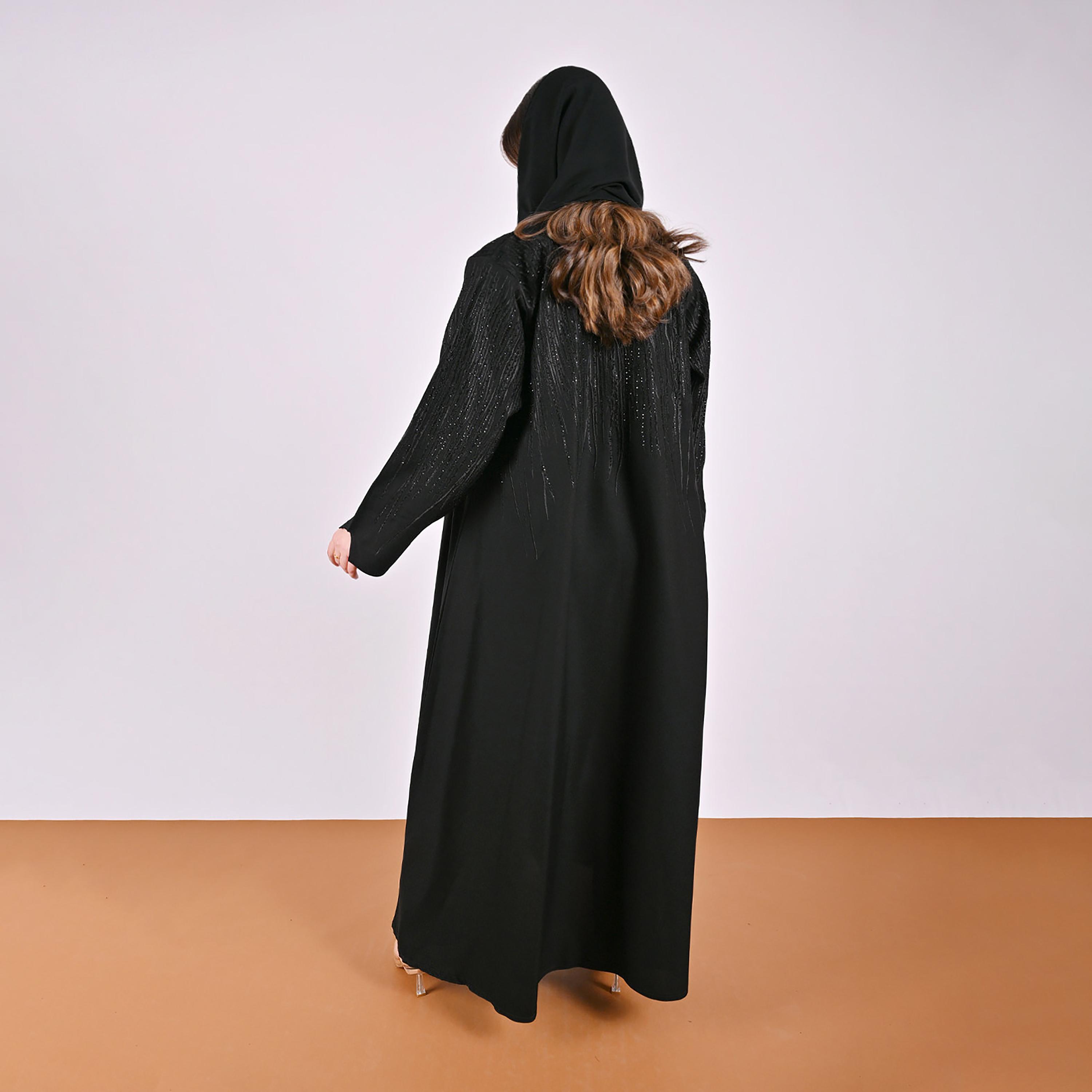 Hawraa Black Embroidered Linen Women's Abaya with Hijab-women-arabicclothing-abayas-image-5