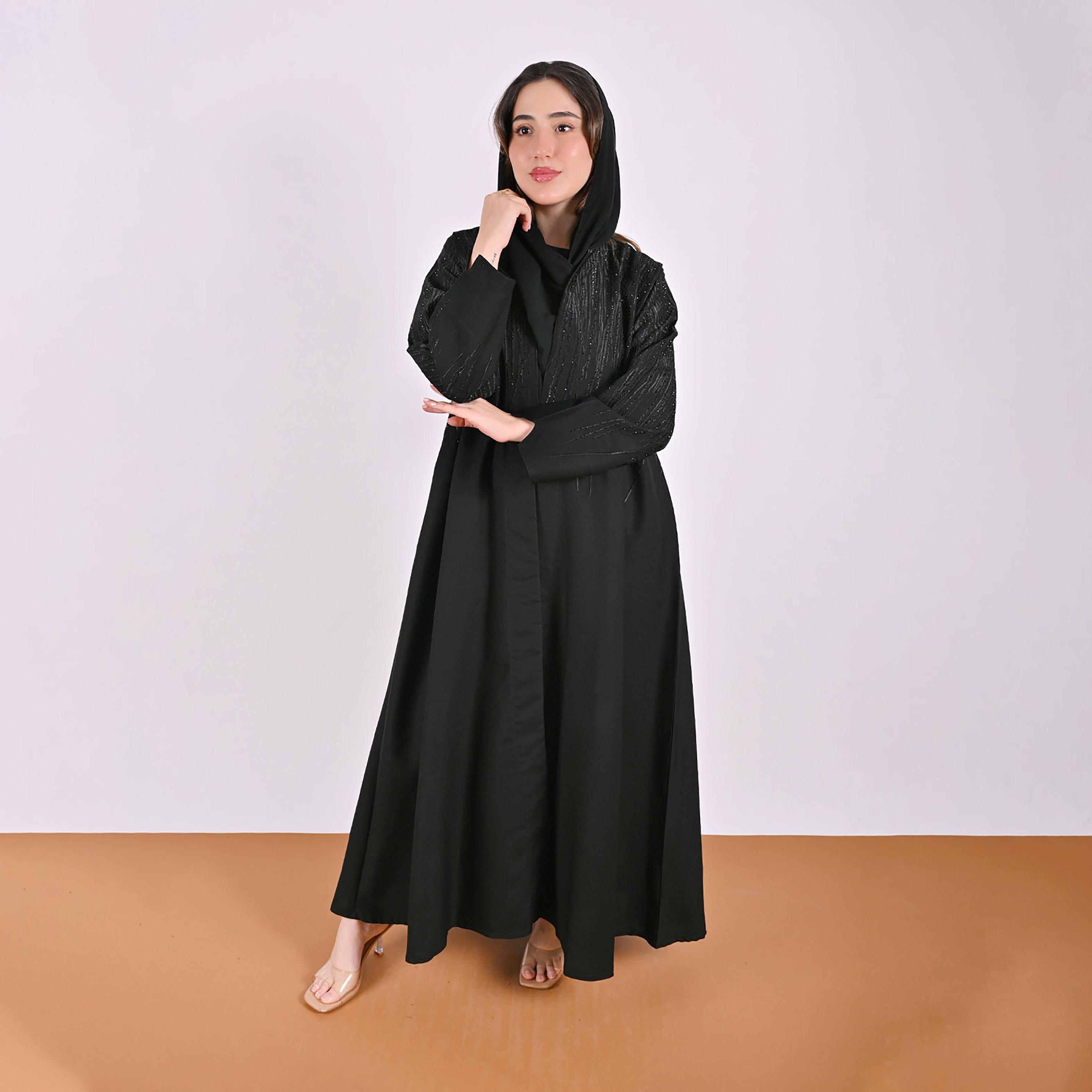 Hawraa Black Embroidered Linen Women's Flared Style Abaya with Hijab-women-arabicclothing-abayas-image-1