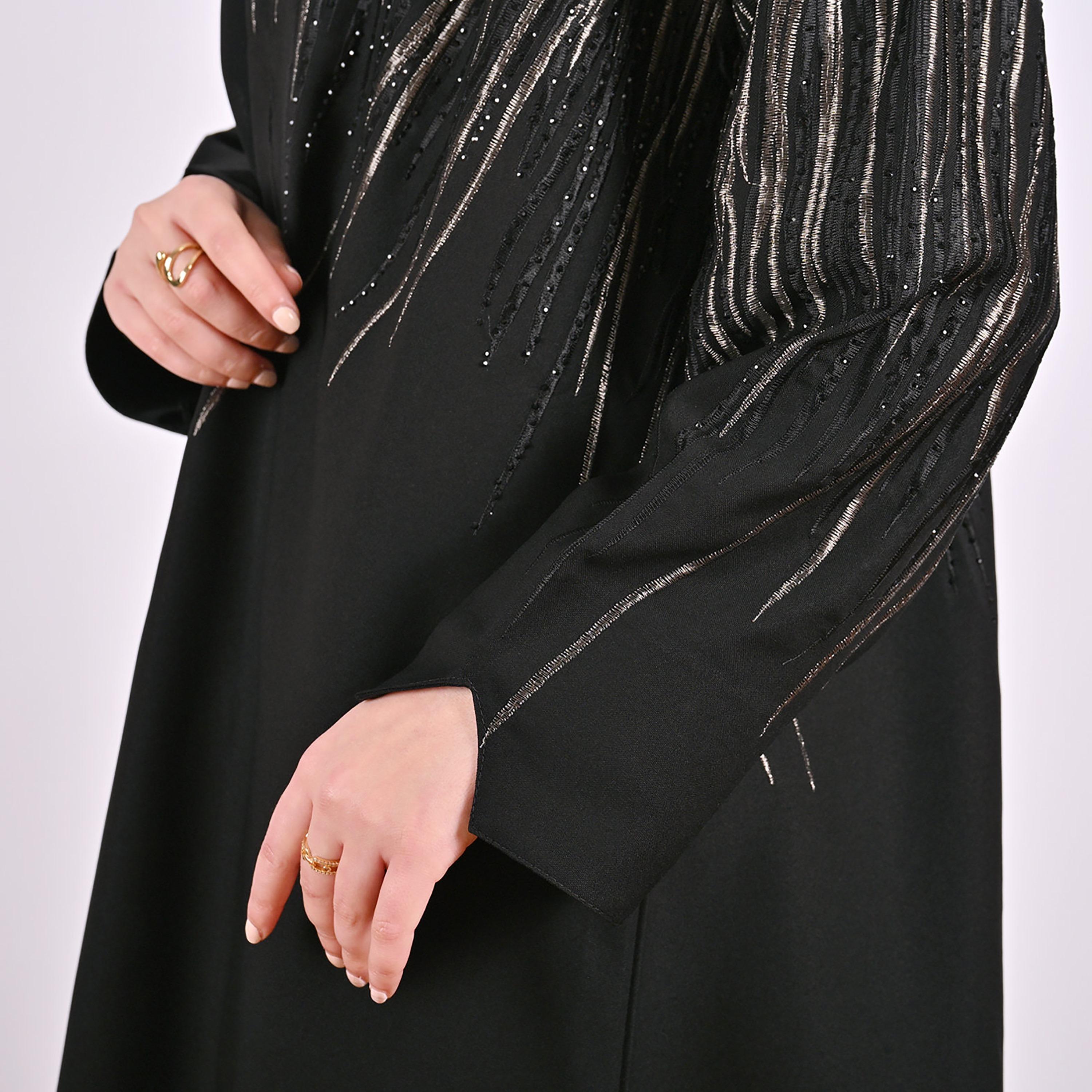 Hawraa Black Embroidered Linen Women's Flared Style Abaya with Hijab-women-arabicclothing-abayas-image-4