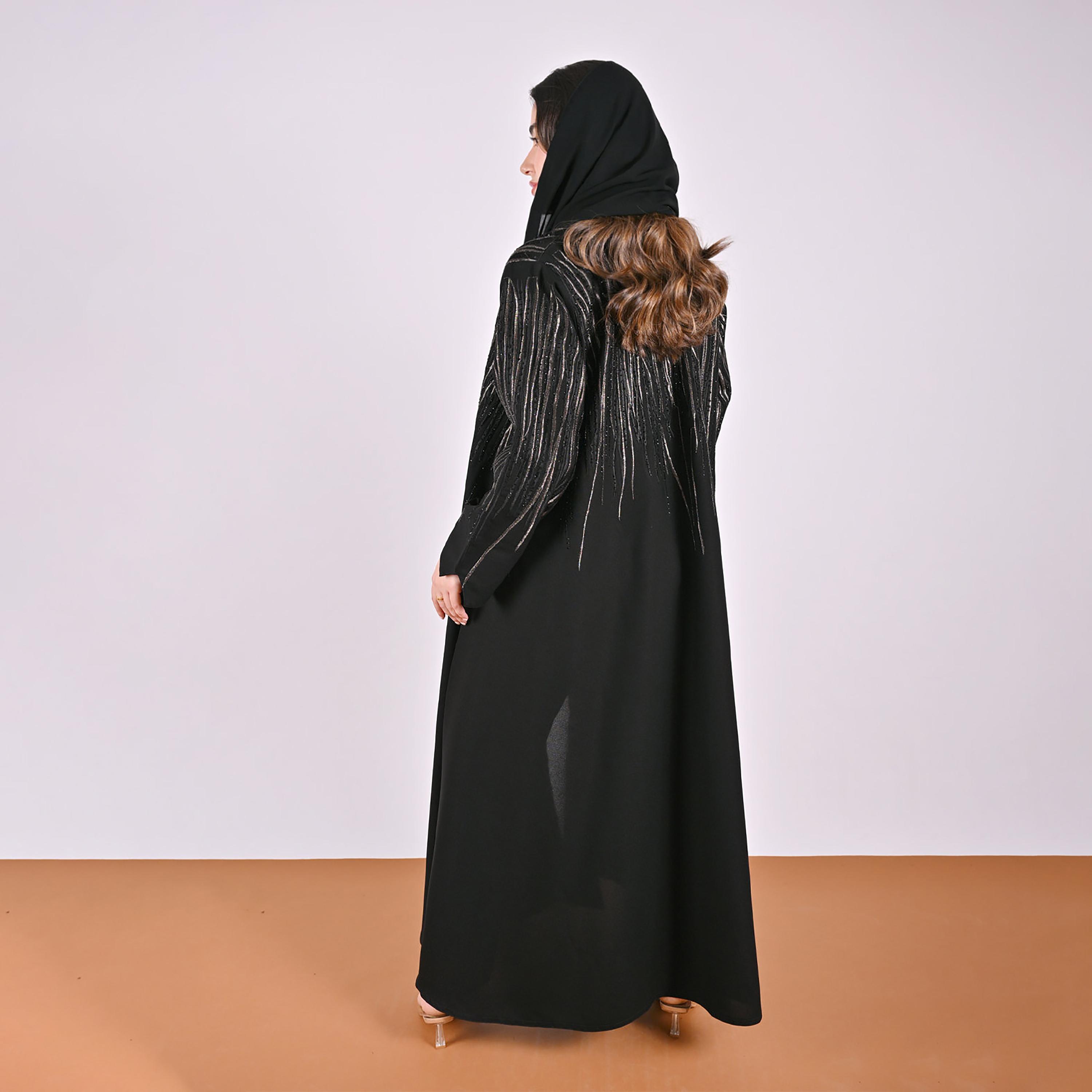Hawraa Black Embroidered Linen Women's Flared Style Abaya with Hijab-women-arabicclothing-abayas-image-5
