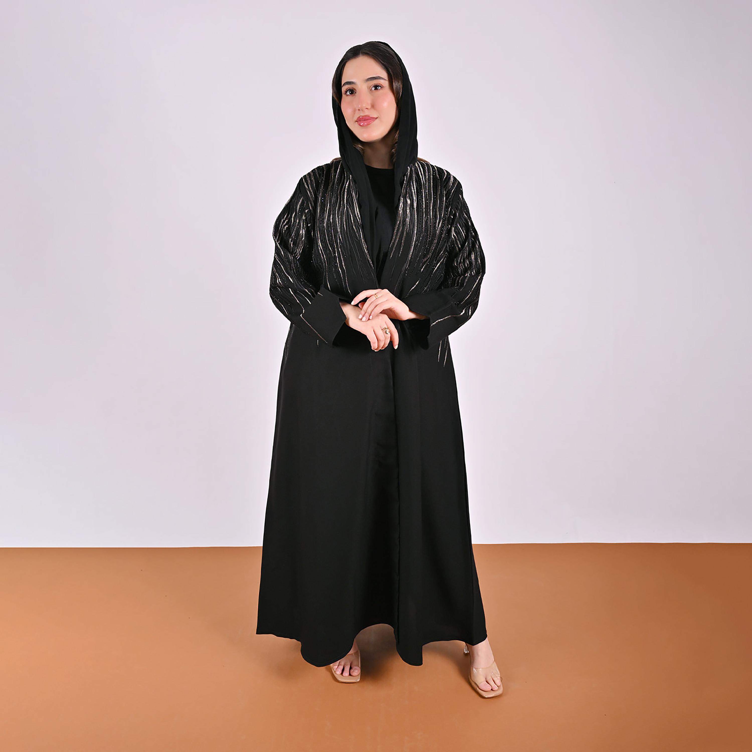 Hawraa Black Embroidered Linen Women's Flared Style Abaya with Hijab-women-arabicclothing-abayas-image-6