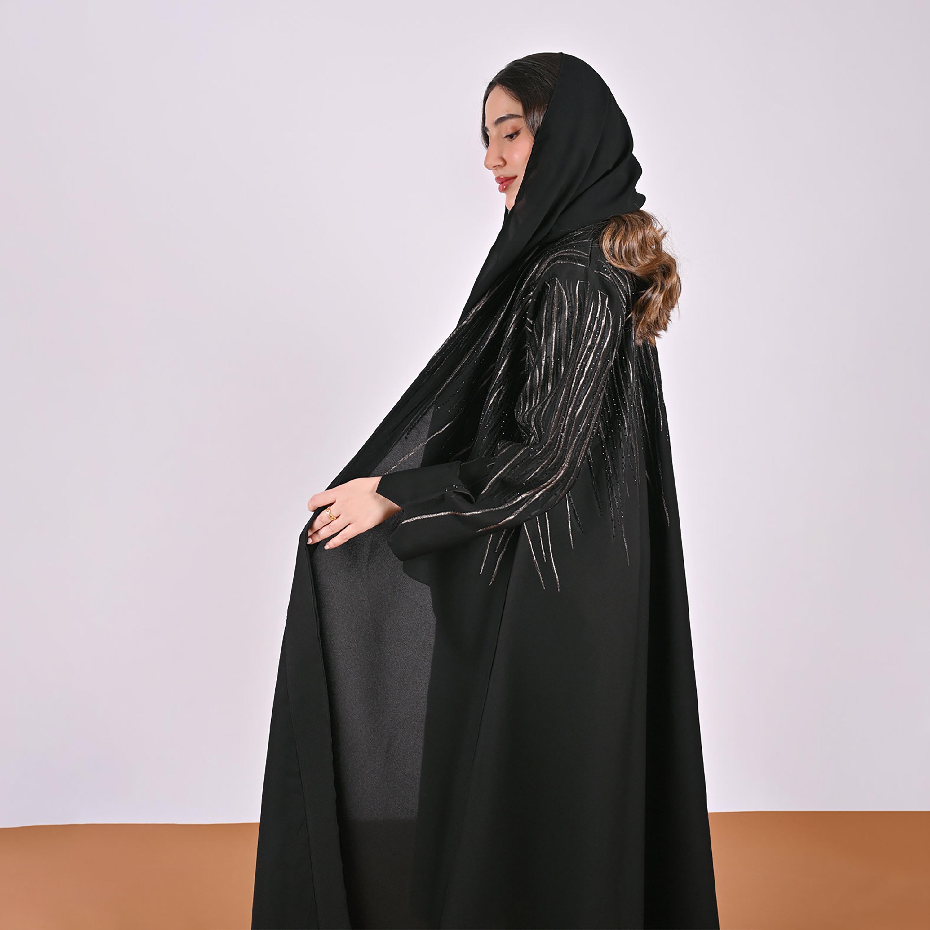 Hawraa Black Embroidered Linen Women's Flared Style Abaya with Hijab-women-arabicclothing-abayas-image-7