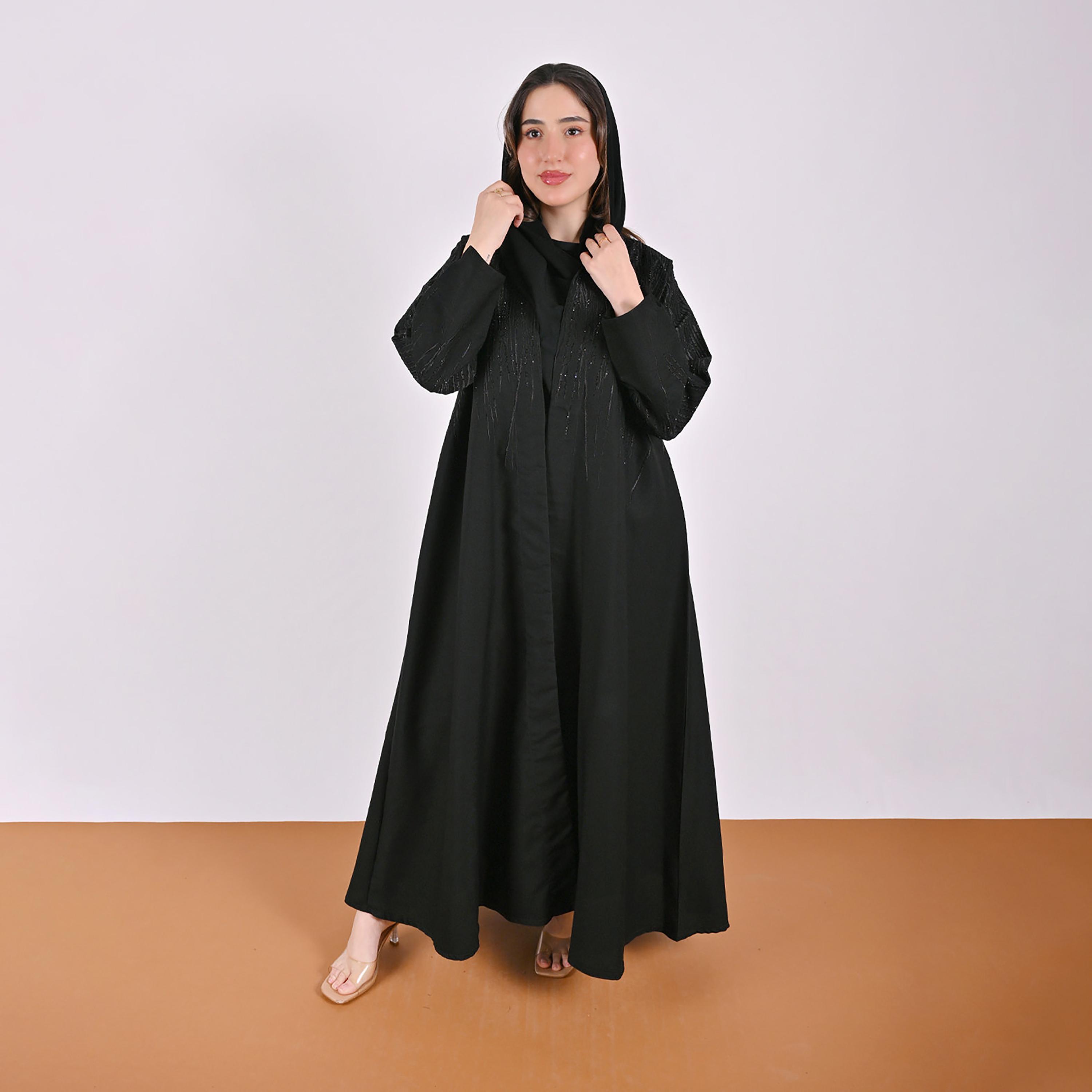 Hawraa Black Embroidered Linen Women's Flared Style Abaya with Hijab-women-arabicclothing-abayas-image-8