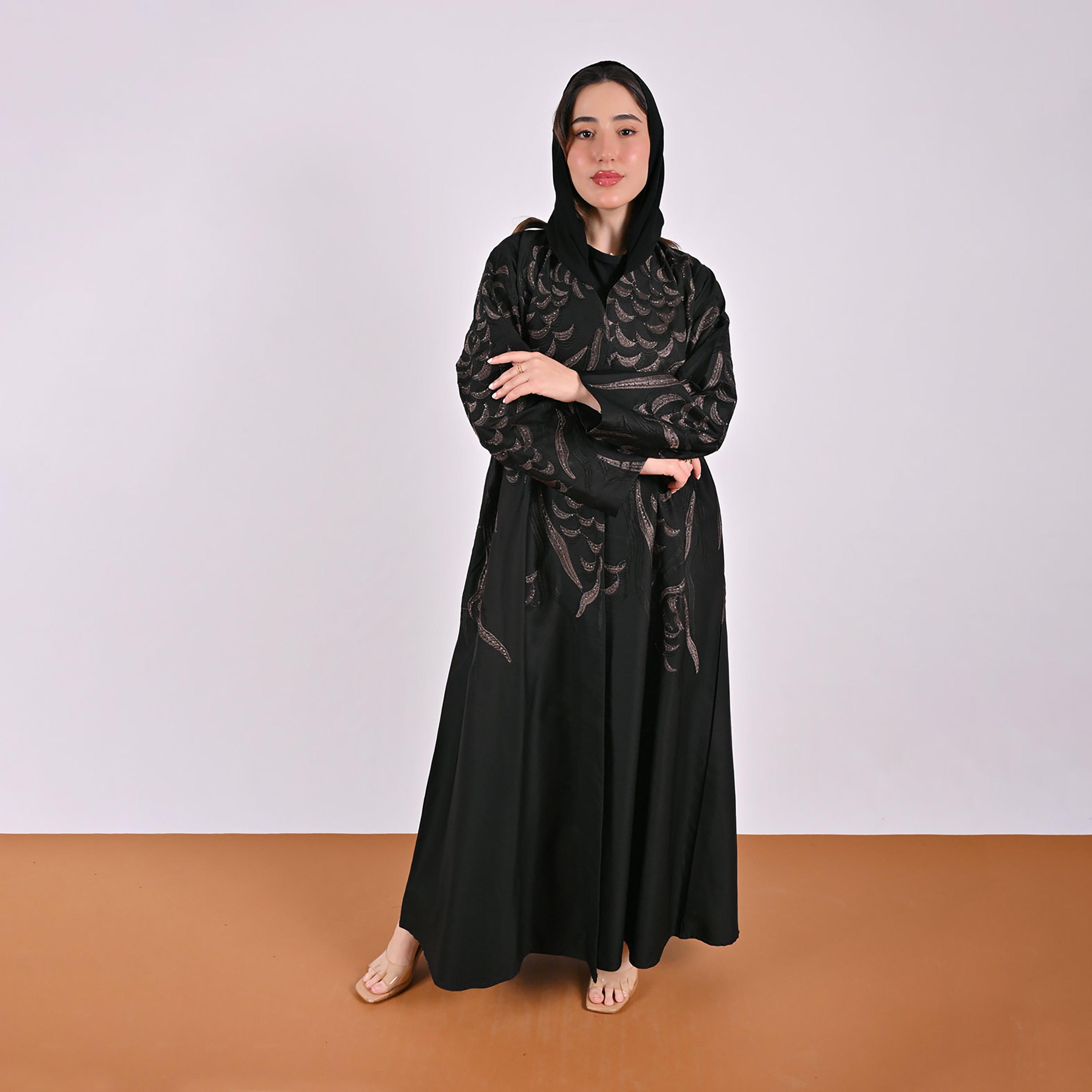Hawraa Geometric Embroidered Linen Women's Flared Style Abaya with Hijab-women-arabicclothing-abayas-image-1