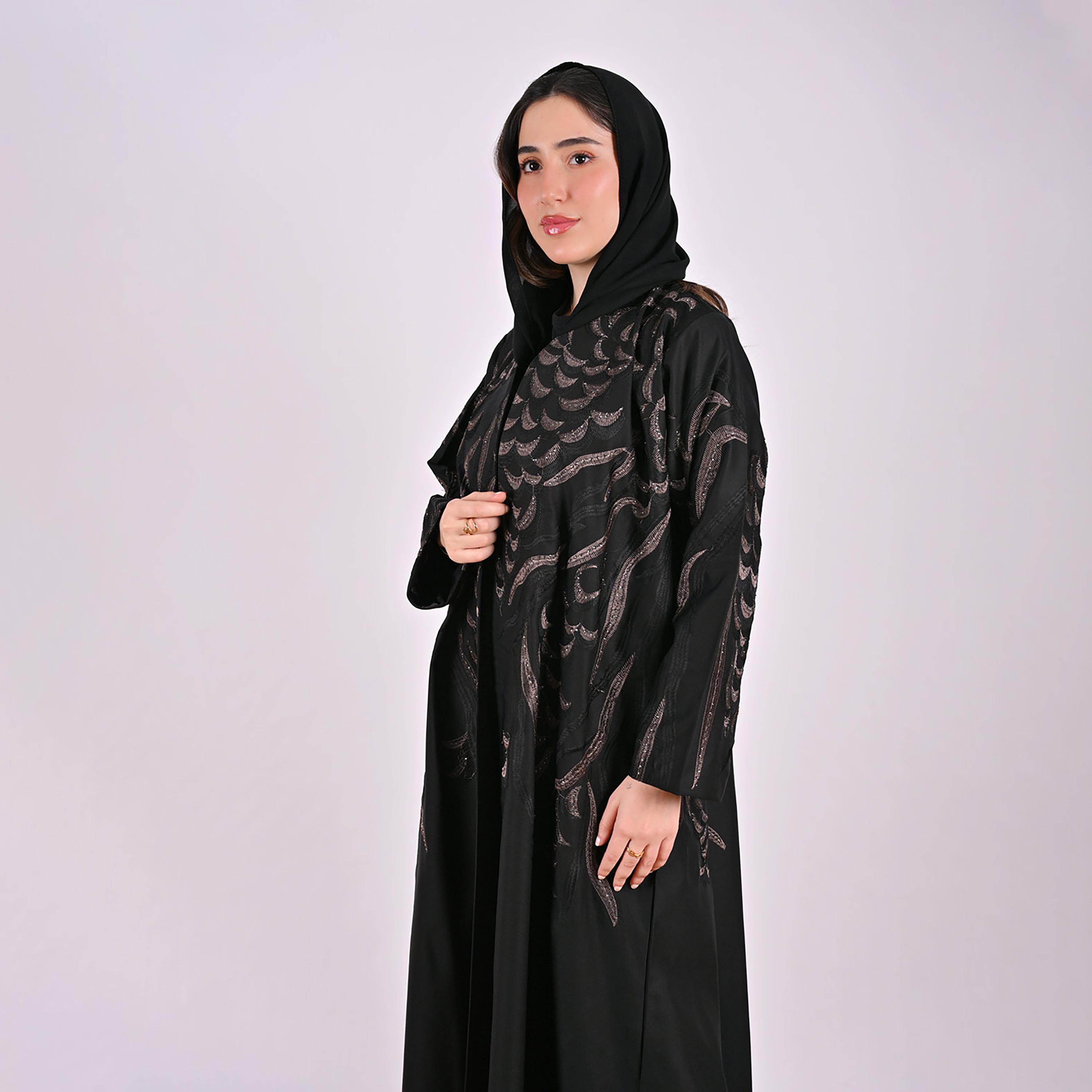 Hawraa Geometric Embroidered Linen Women's Flared Style Abaya with Hijab-women-arabicclothing-abayas-image-2
