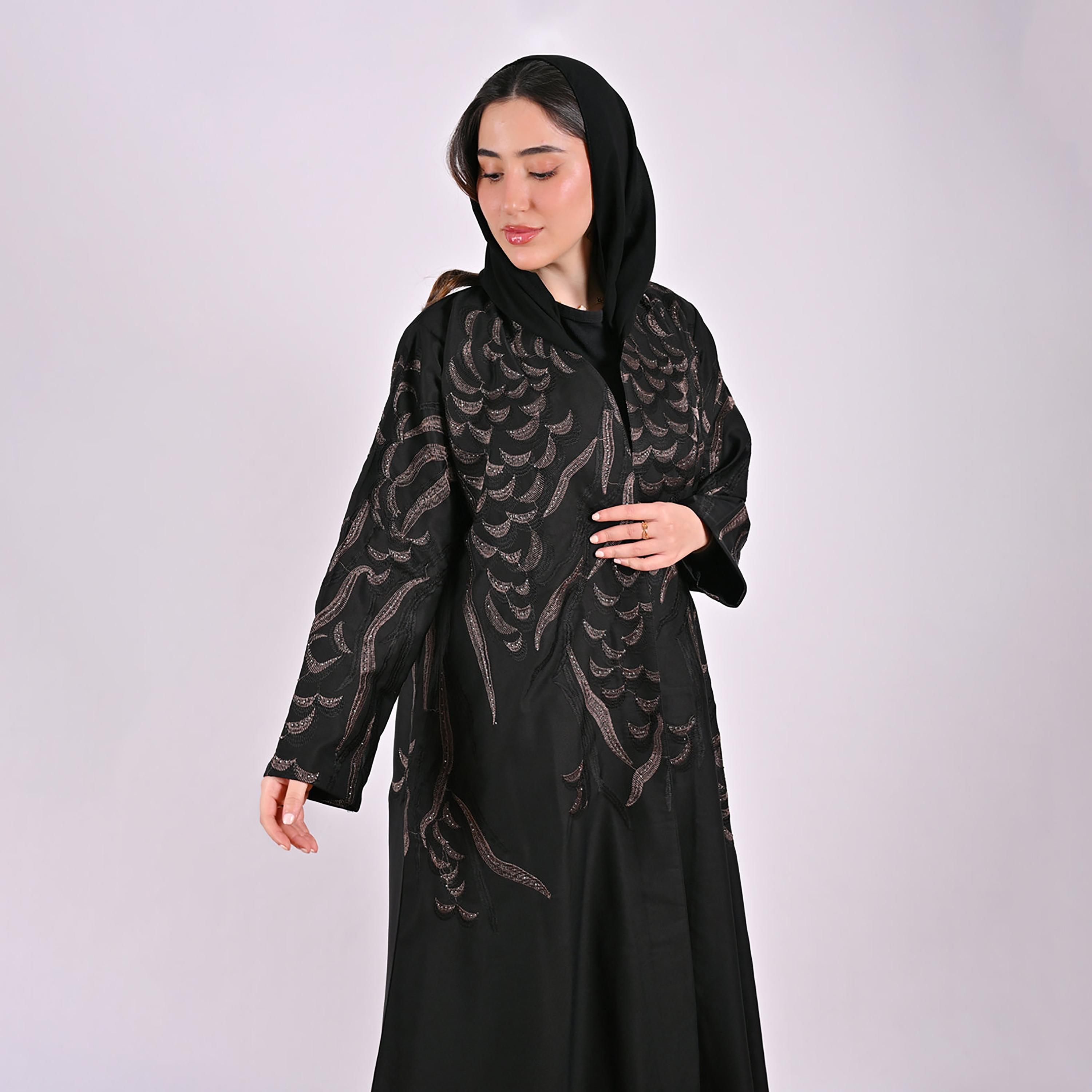 Hawraa Geometric Embroidered Linen Women's Flared Style Abaya with Hijab-women-arabicclothing-abayas-image-3
