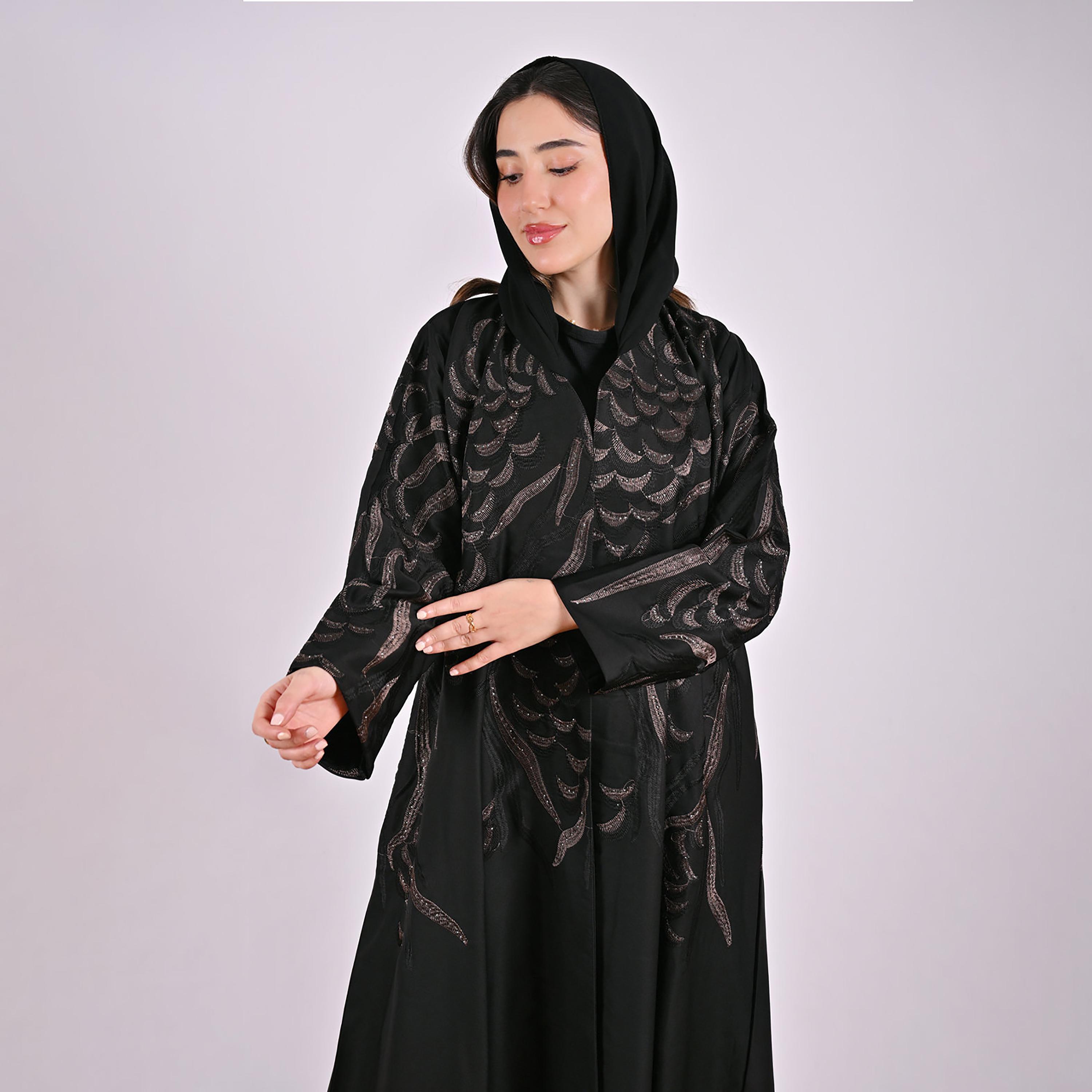 Hawraa Geometric Embroidered Linen Women's Flared Style Abaya with Hijab-women-arabicclothing-abayas-image-4