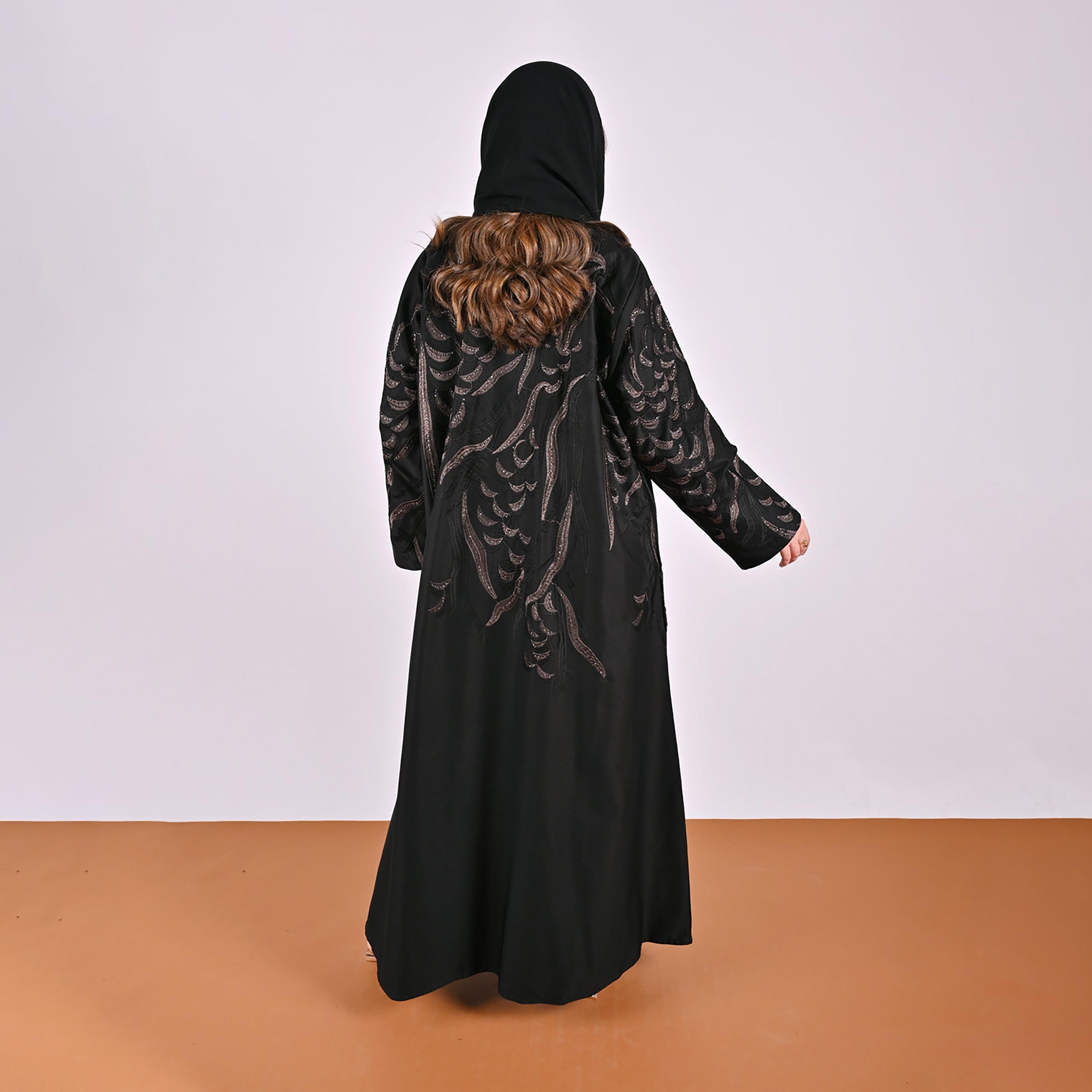 Hawraa Geometric Embroidered Linen Women's Flared Style Abaya with Hijab-women-arabicclothing-abayas-image-5