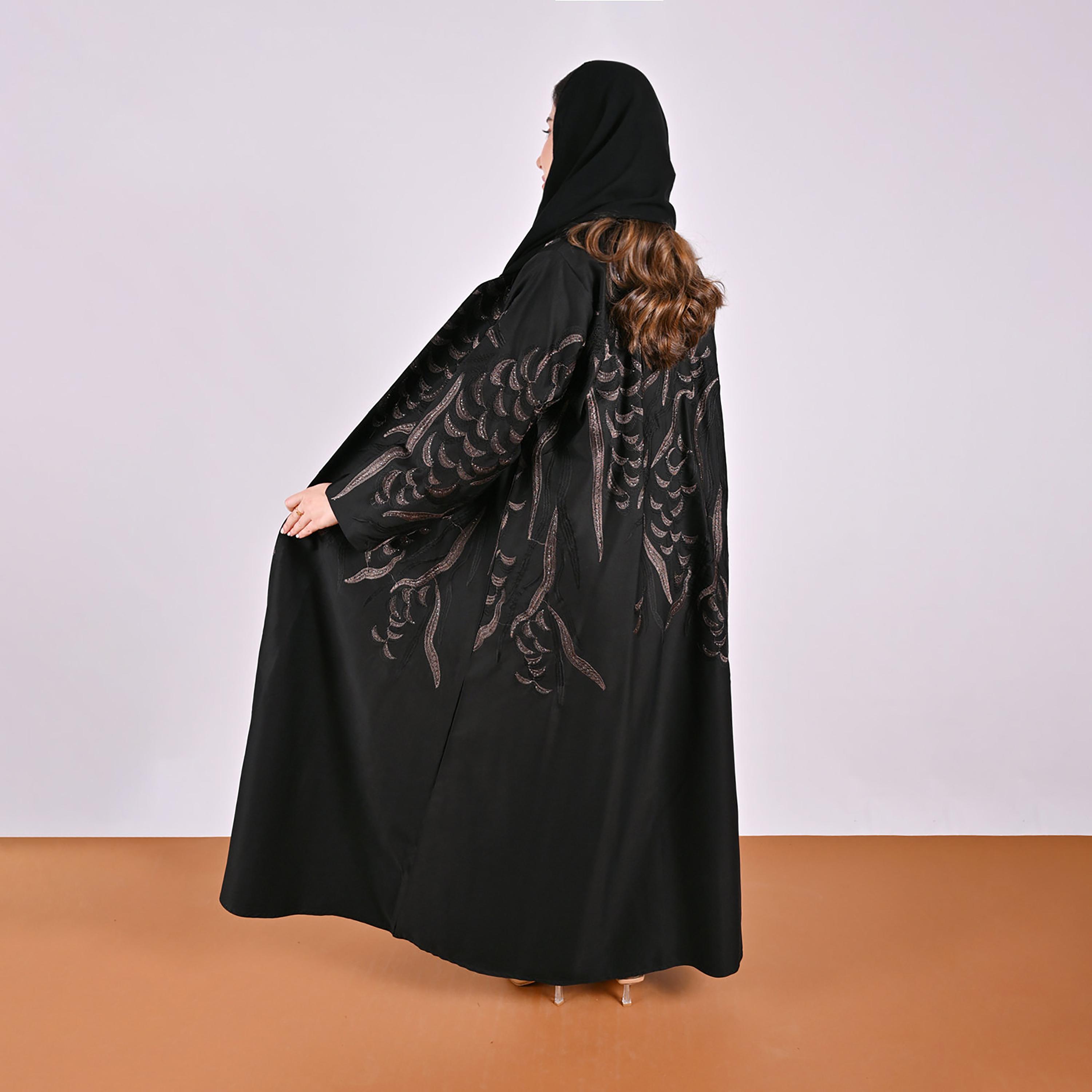 Hawraa Geometric Embroidered Linen Women's Flared Style Abaya with Hijab-women-arabicclothing-abayas-image-6