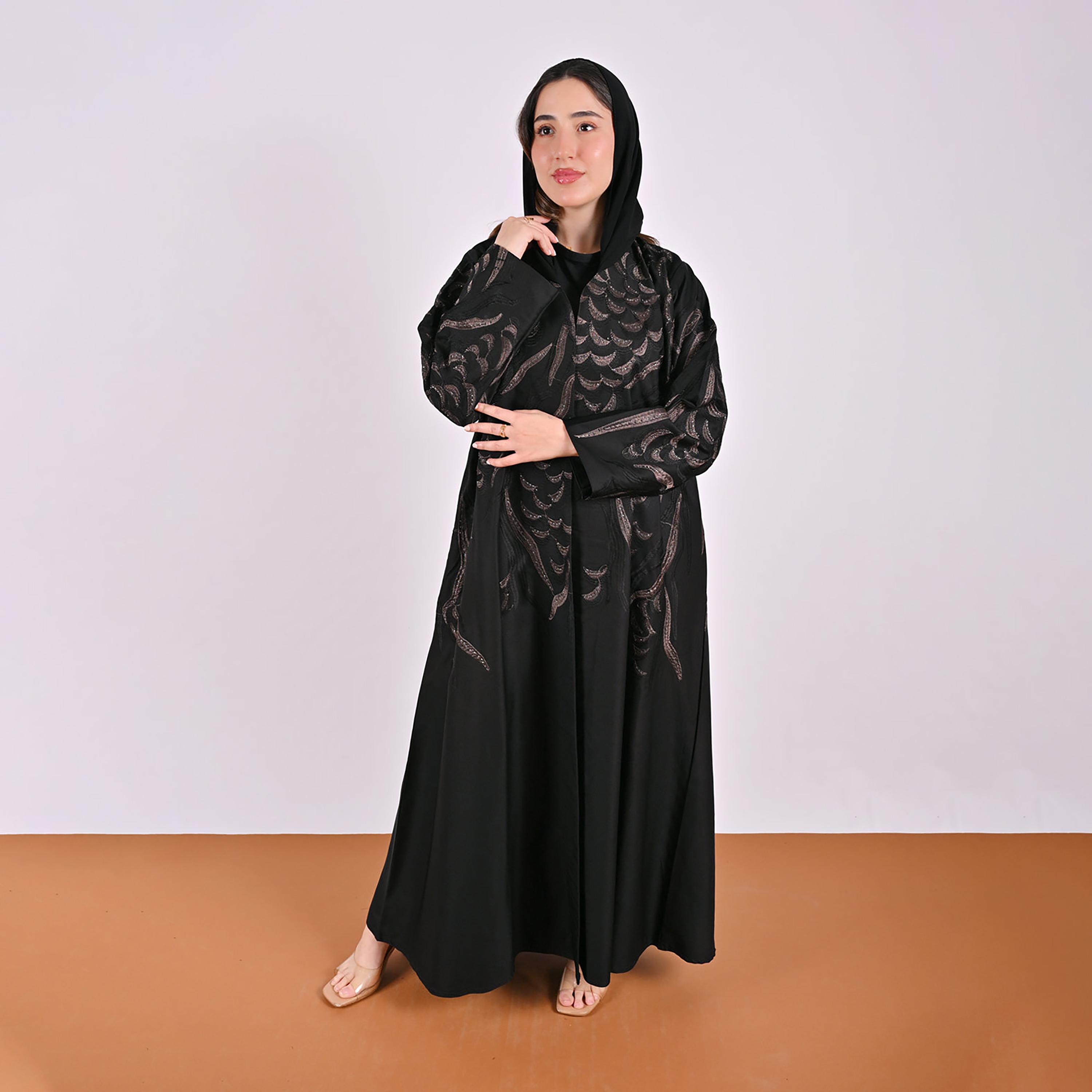 Hawraa Geometric Embroidered Linen Women's Flared Style Abaya with Hijab-women-arabicclothing-abayas-image-7