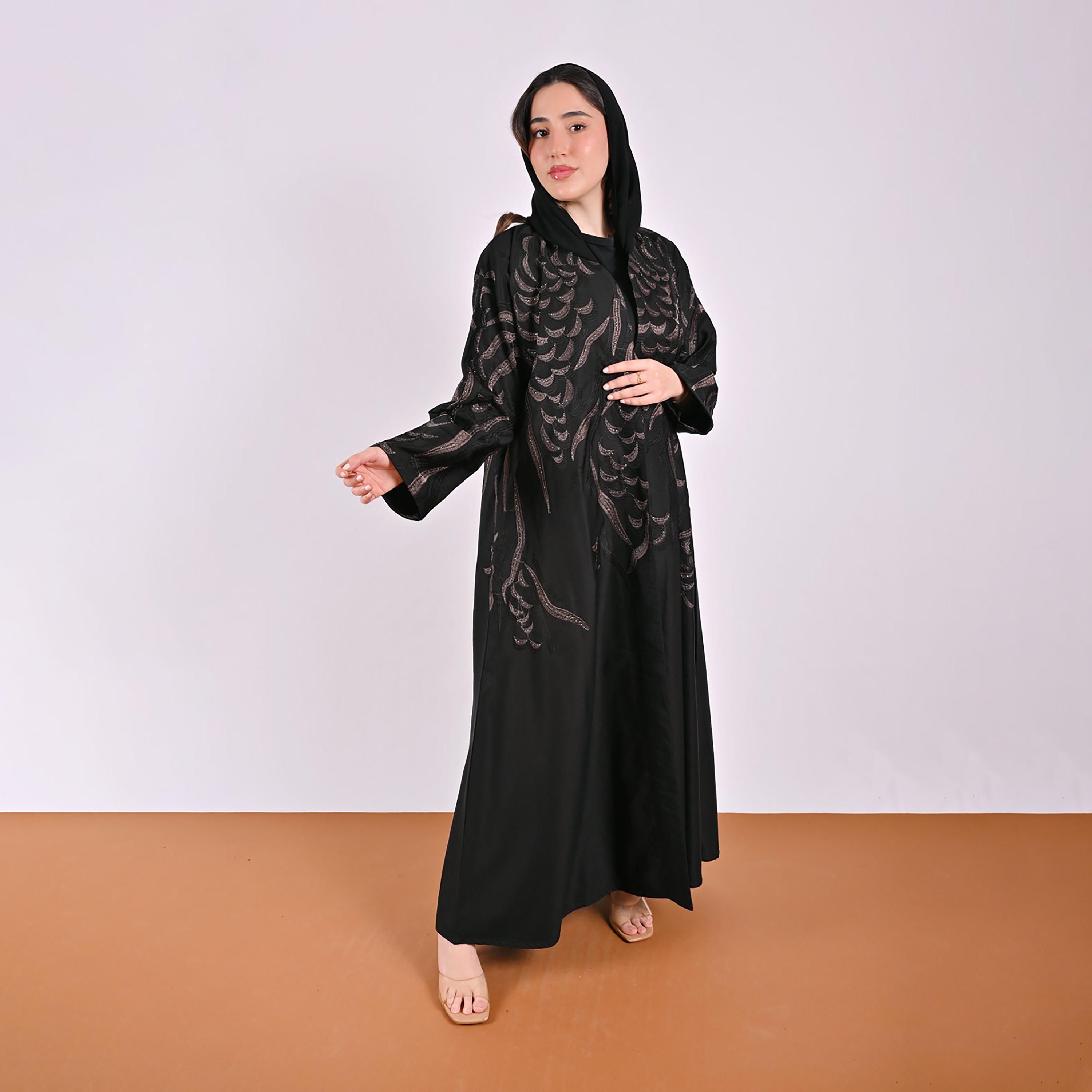 Hawraa Geometric Embroidered Linen Women's Flared Style Abaya with Hijab-women-arabicclothing-abayas-image-8