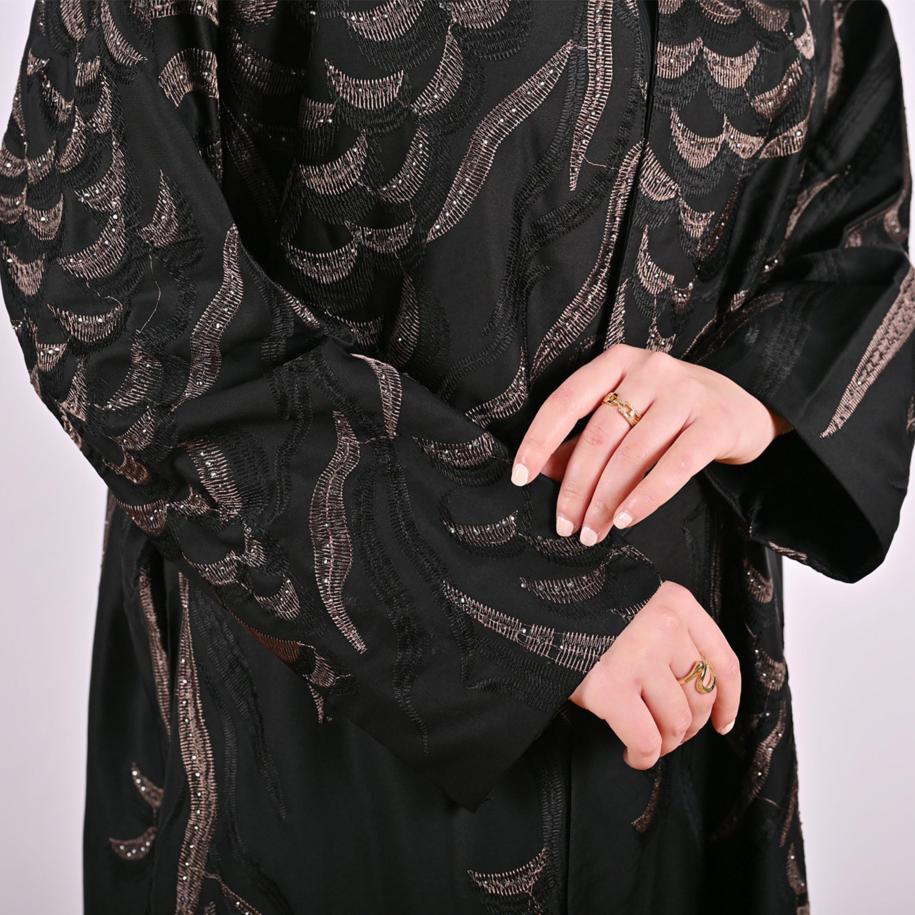 Hawraa Geometric Embroidered Linen Women's Flared Style Abaya with Hijab-women-arabicclothing-abayas-image-9