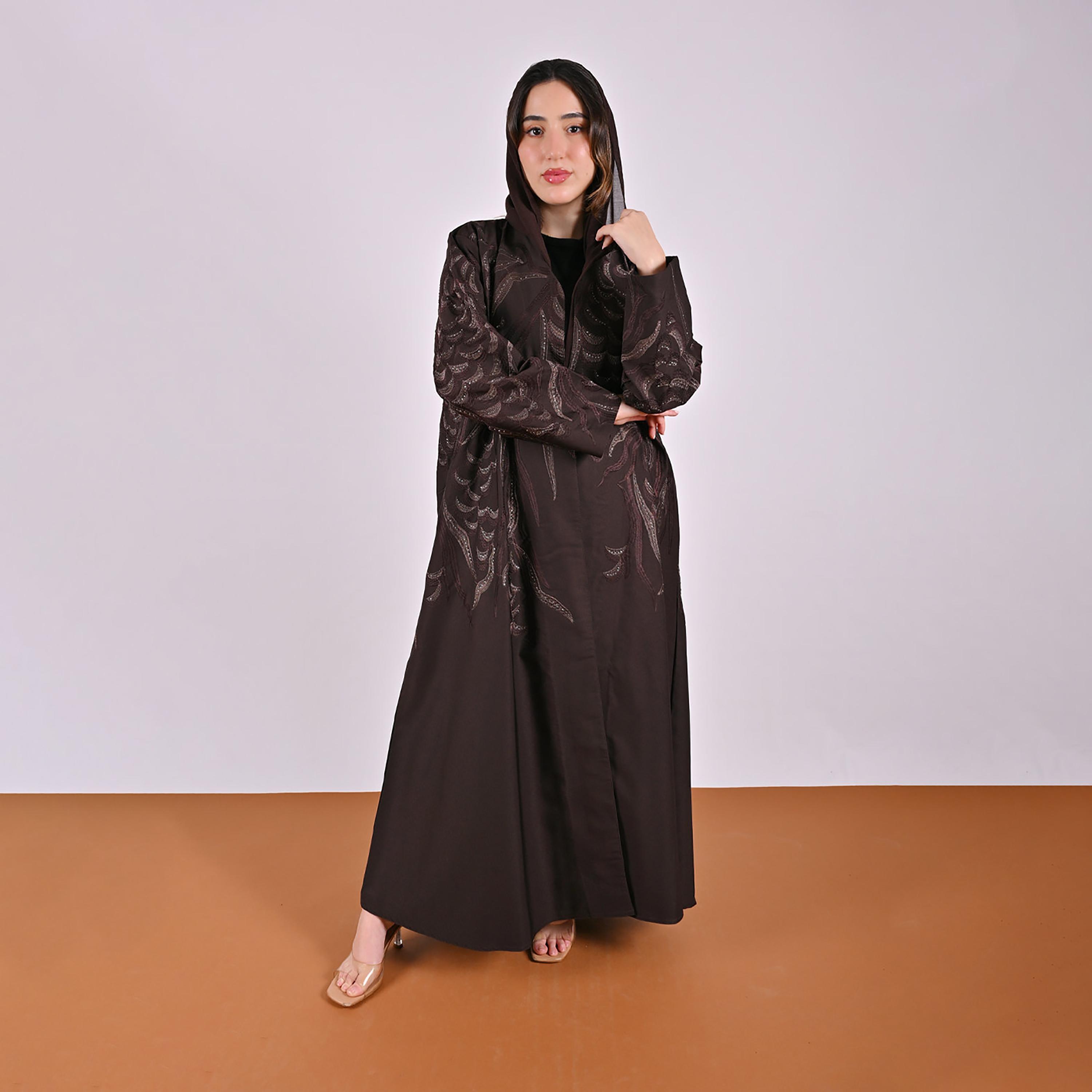 Hawraa Geometric Embroidered Linen Women's Flared Style Abaya with Hijab-women-arabicclothing-abayas-image-1
