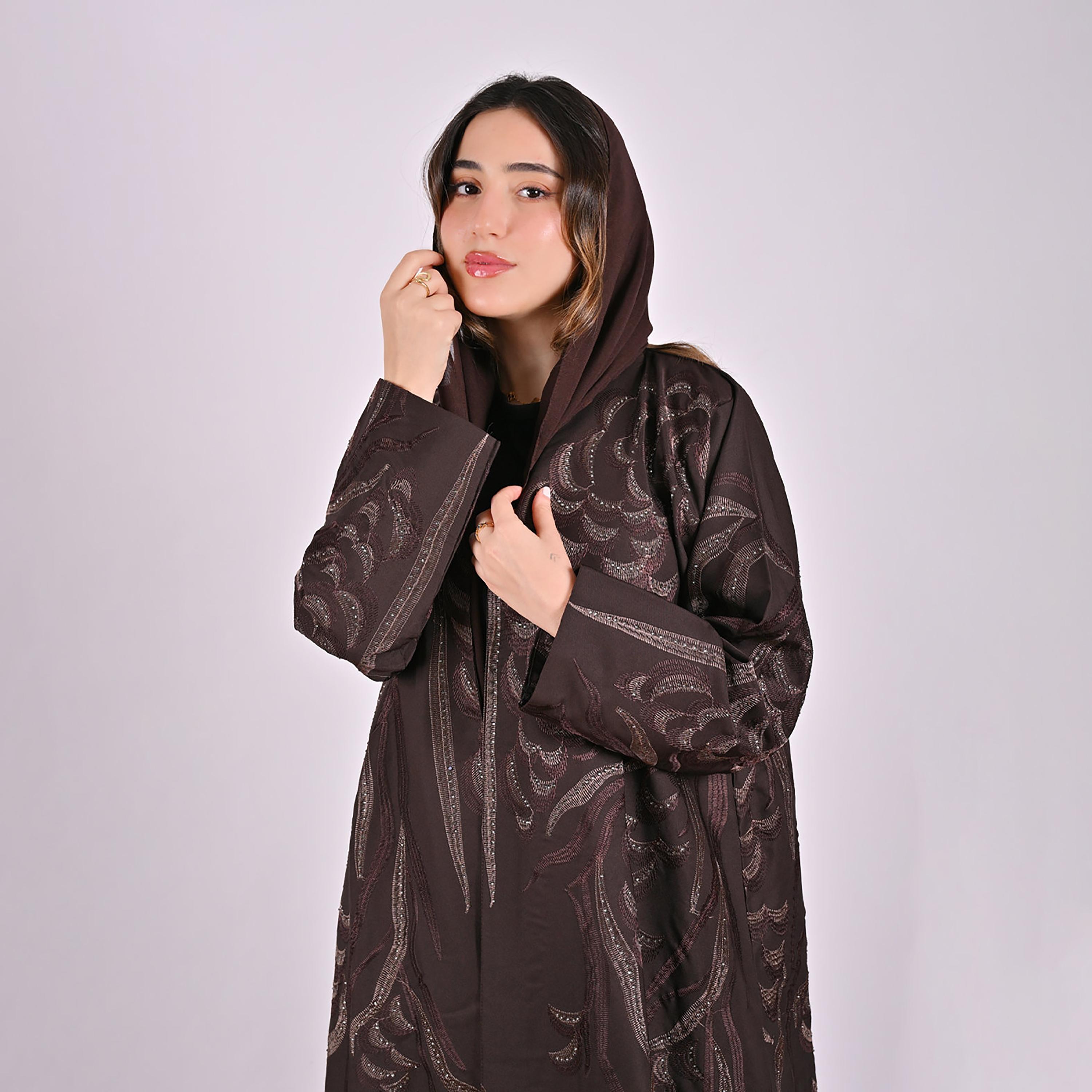 Hawraa Geometric Embroidered Linen Women's Flared Style Abaya with Hijab-women-arabicclothing-abayas-image-2