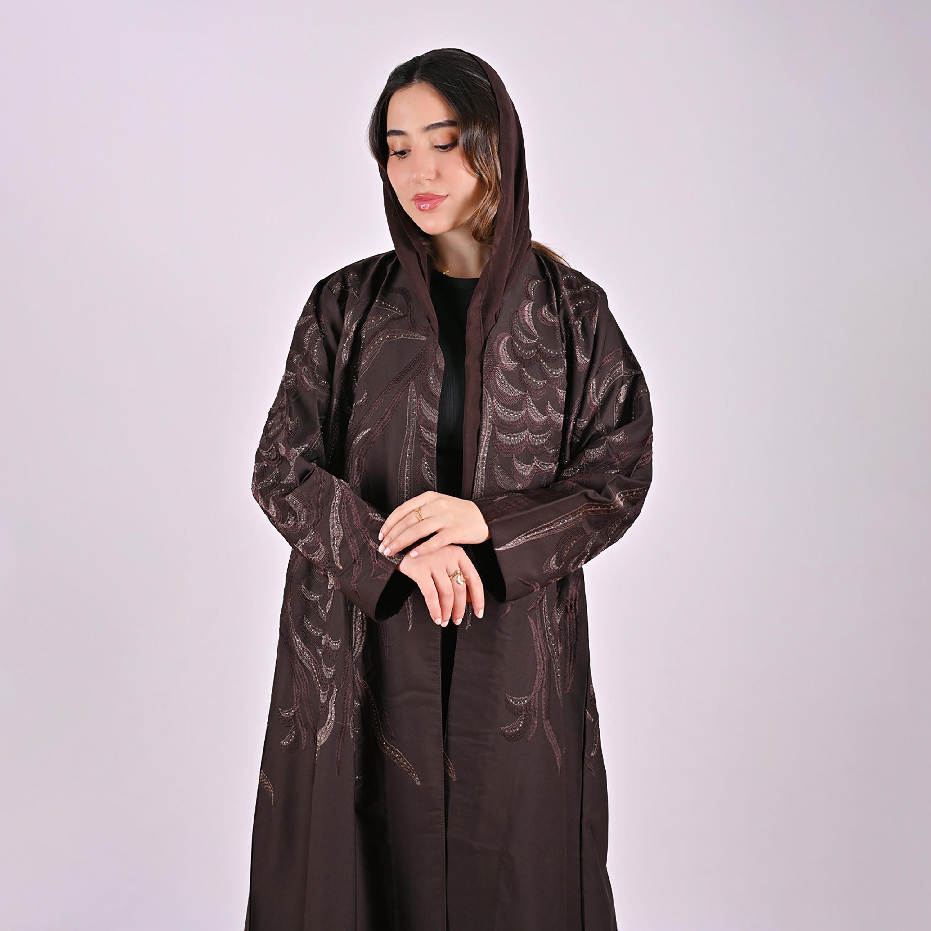 Hawraa Geometric Embroidered Linen Women's Flared Style Abaya with Hijab-women-arabicclothing-abayas-image-3