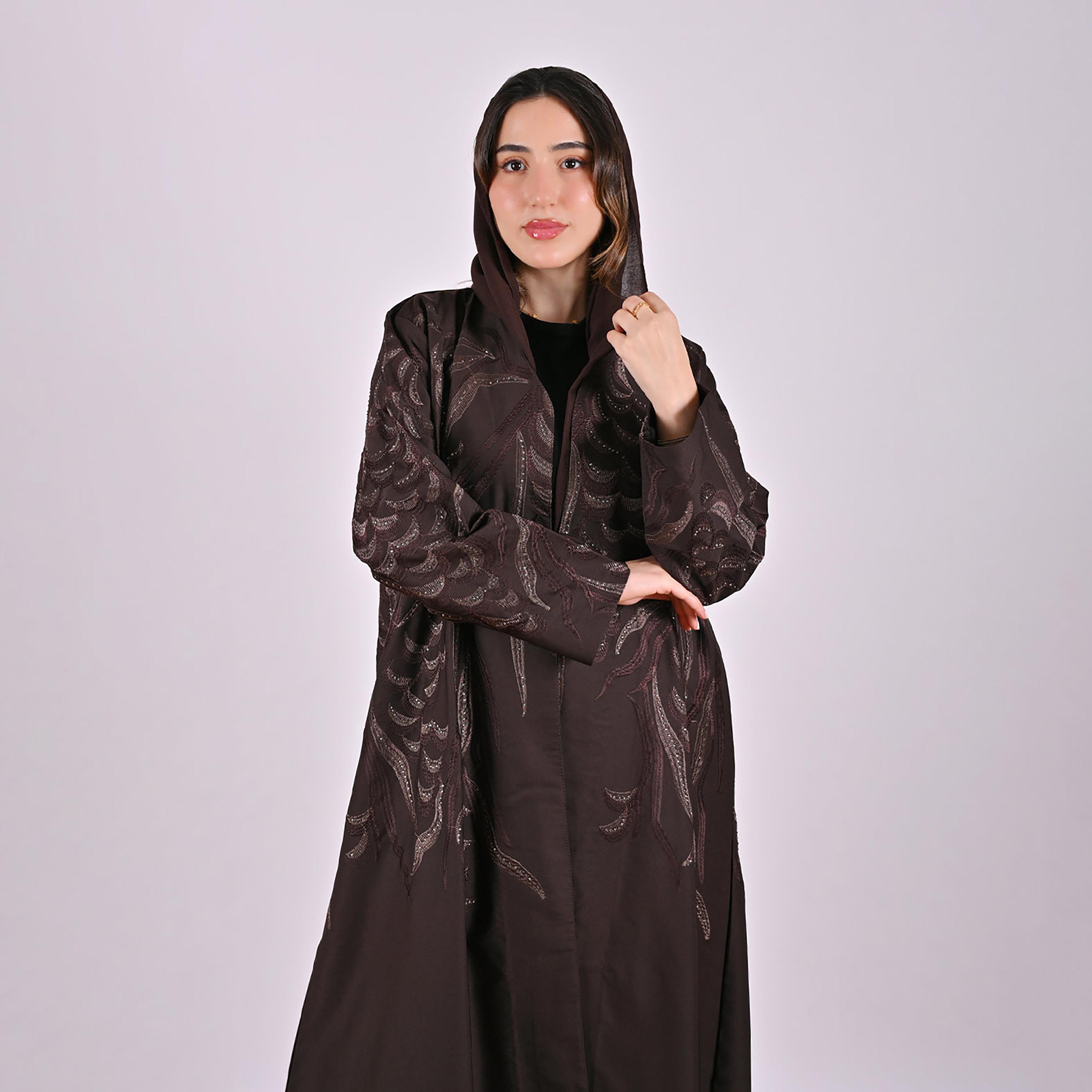 Hawraa Geometric Embroidered Linen Women's Flared Style Abaya with Hijab-women-arabicclothing-abayas-image-4