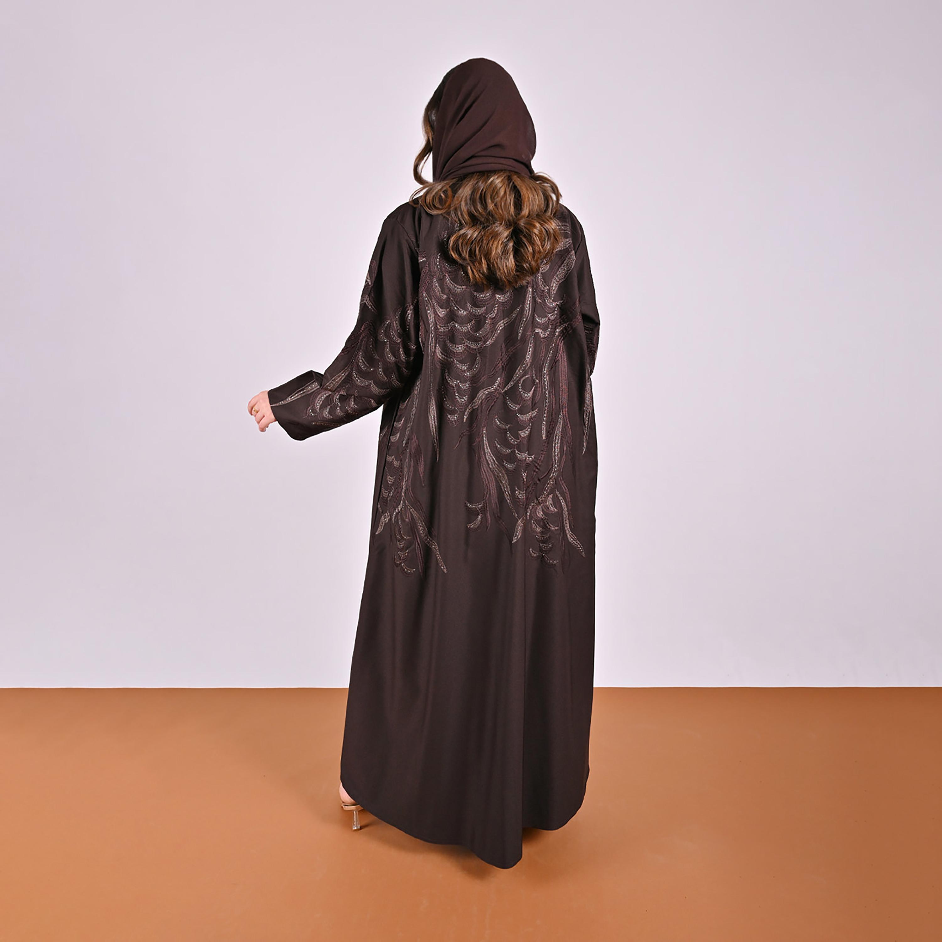 Hawraa Geometric Embroidered Linen Women's Flared Style Abaya with Hijab-women-arabicclothing-abayas-image-5