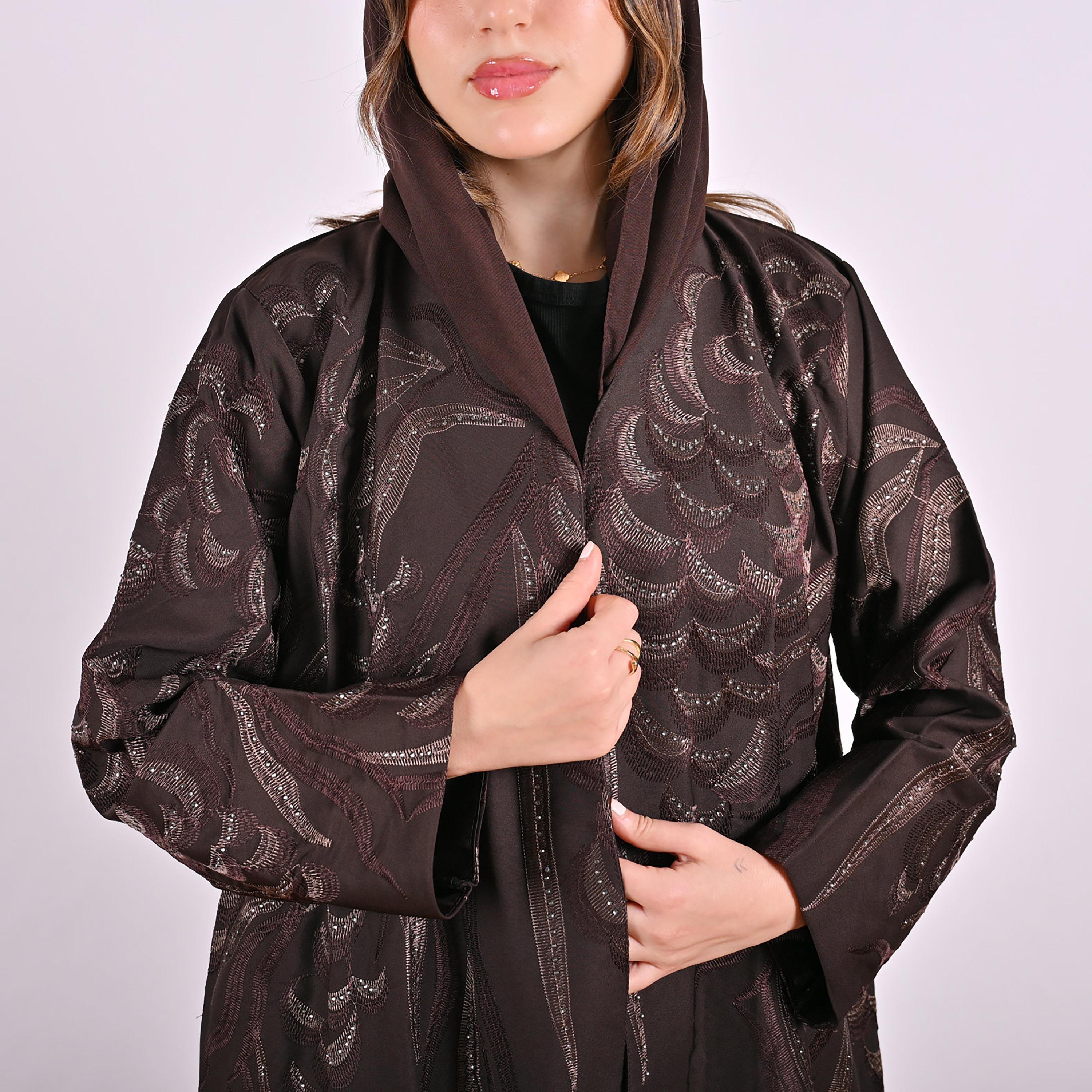 Hawraa Geometric Embroidered Linen Women's Flared Style Abaya with Hijab-women-arabicclothing-abayas-image-6