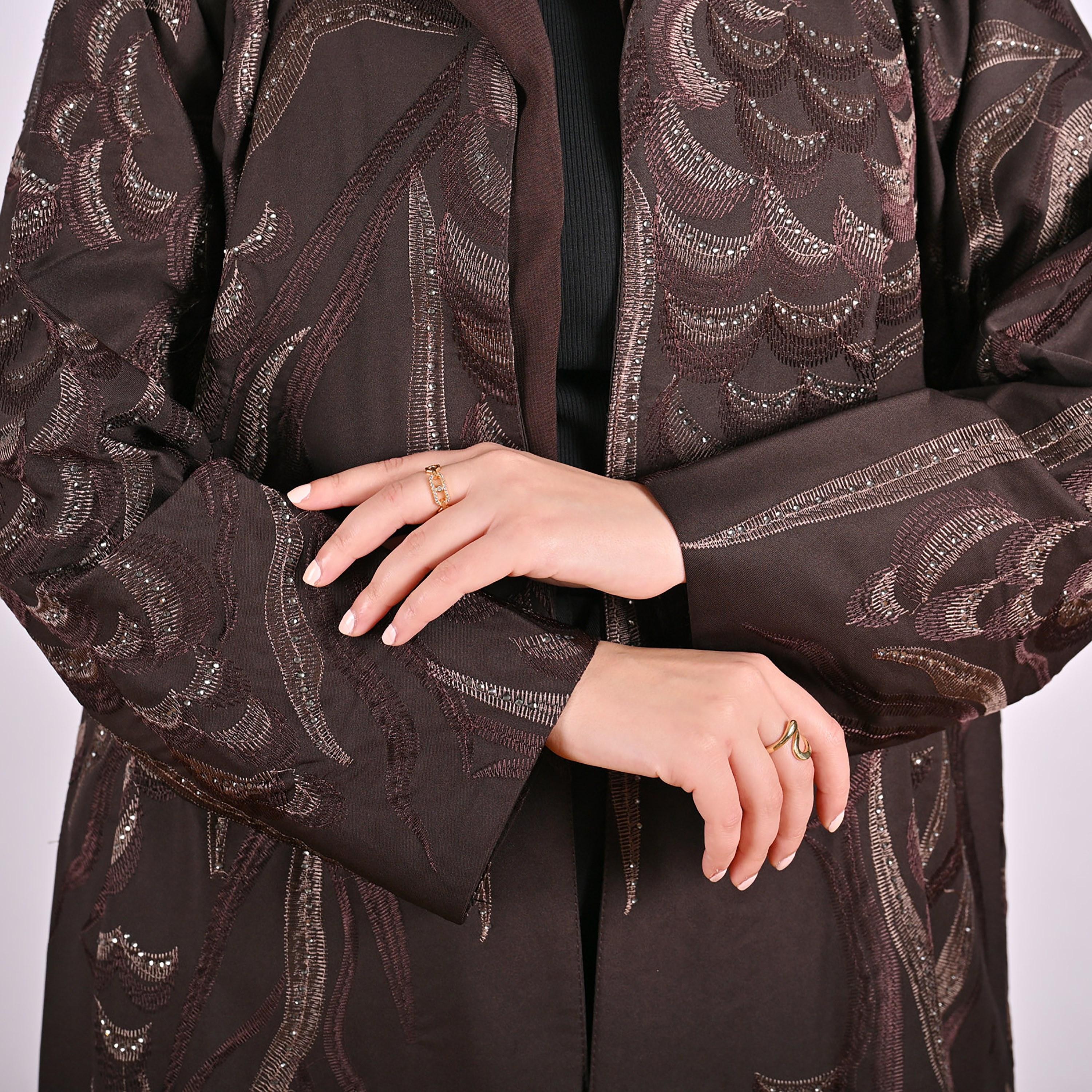 Hawraa Geometric Embroidered Linen Women's Flared Style Abaya with Hijab-women-arabicclothing-abayas-image-7