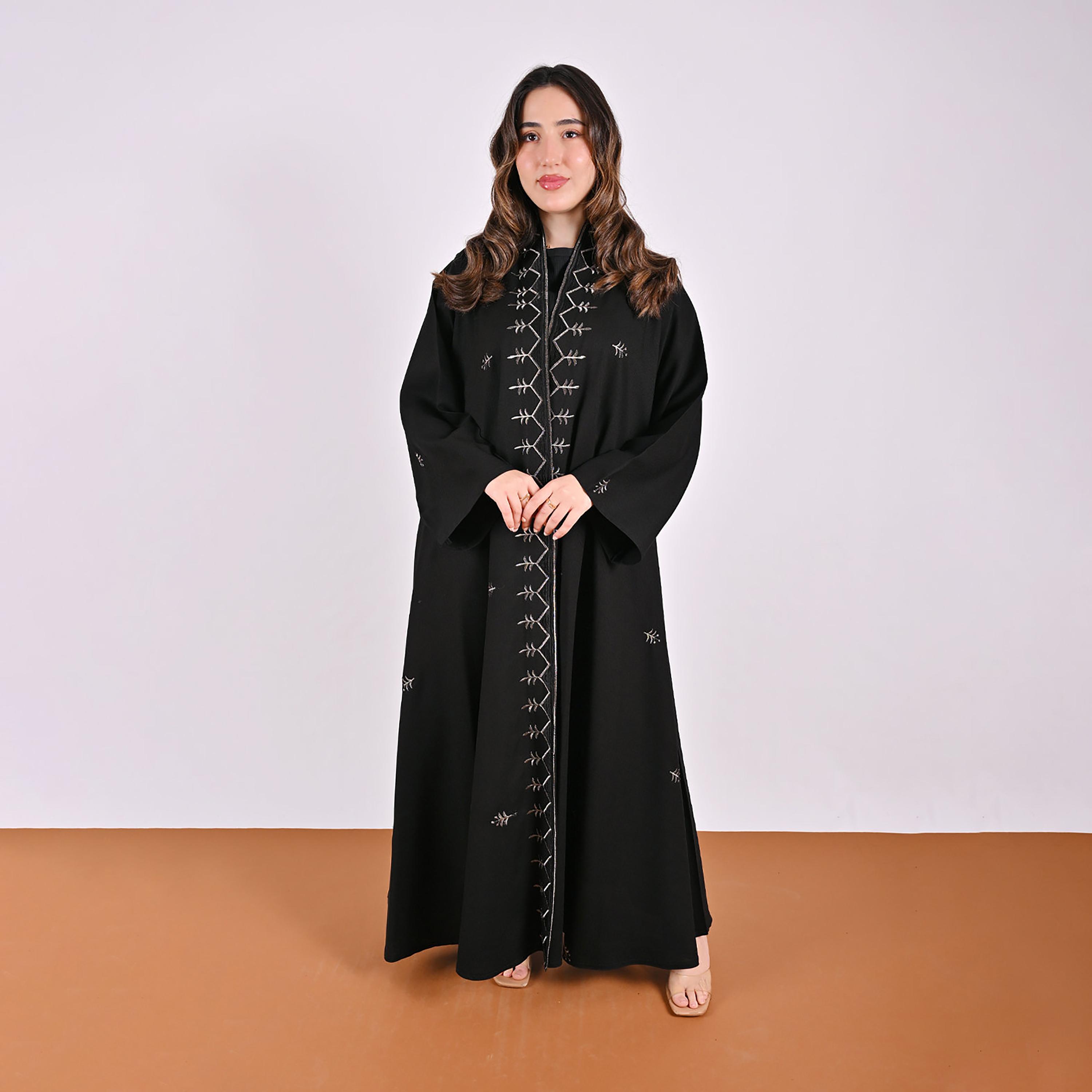 Hawraa Black Embroidered Wide Sleeves Linen Women's Flared Style Abaya-women-arabicclothing-abayas-image-1