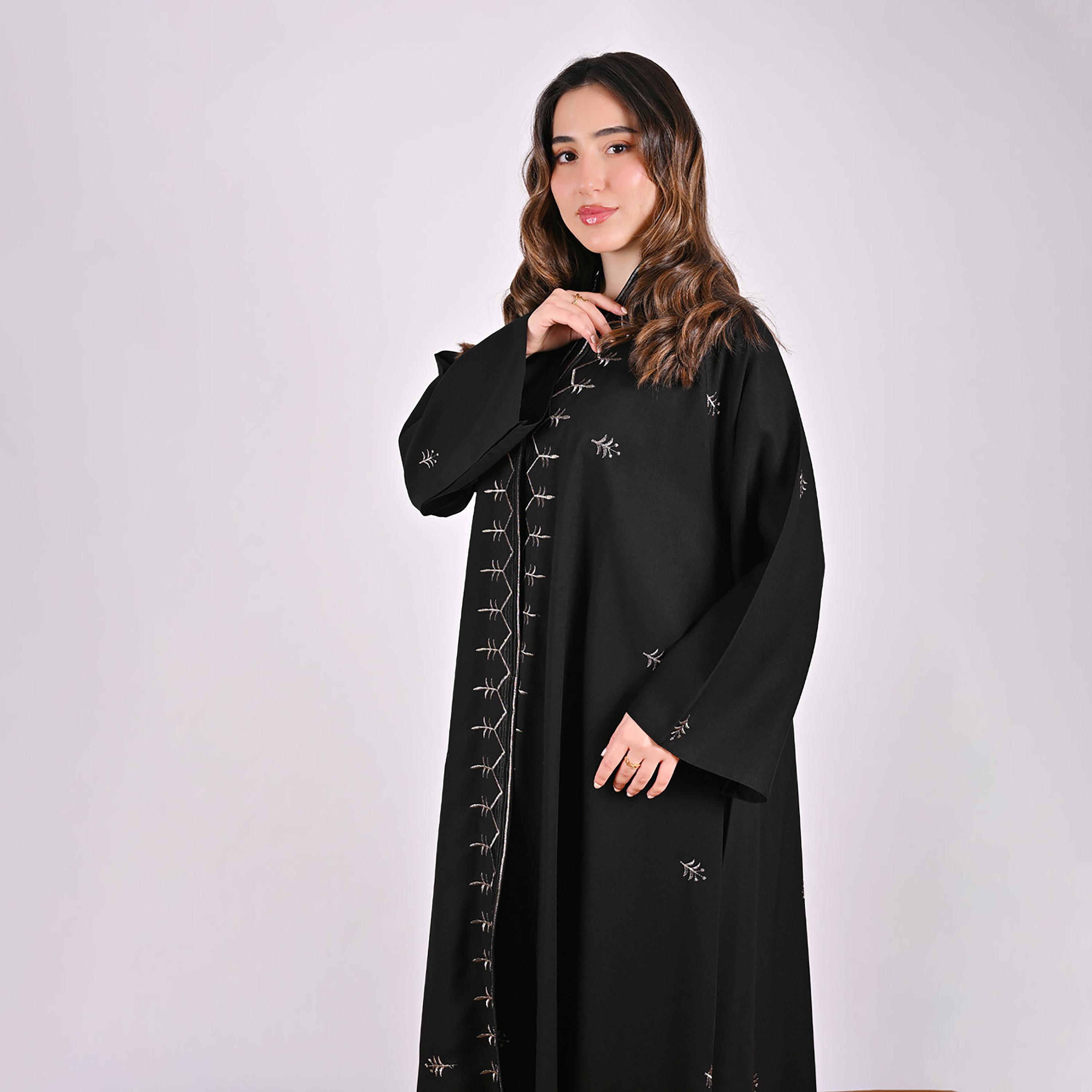 Hawraa Black Embroidered Wide Sleeves Linen Women's Flared Style Abaya-women-arabicclothing-abayas-image-2