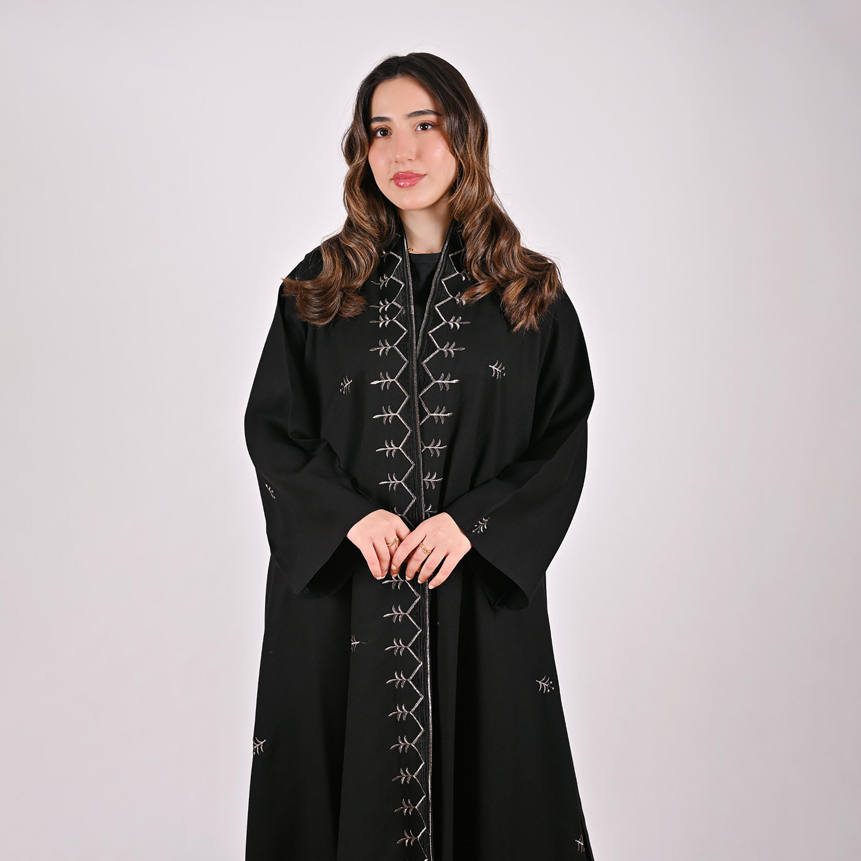 Hawraa Black Embroidered Wide Sleeves Linen Women's Flared Style Abaya-women-arabicclothing-abayas-image-3