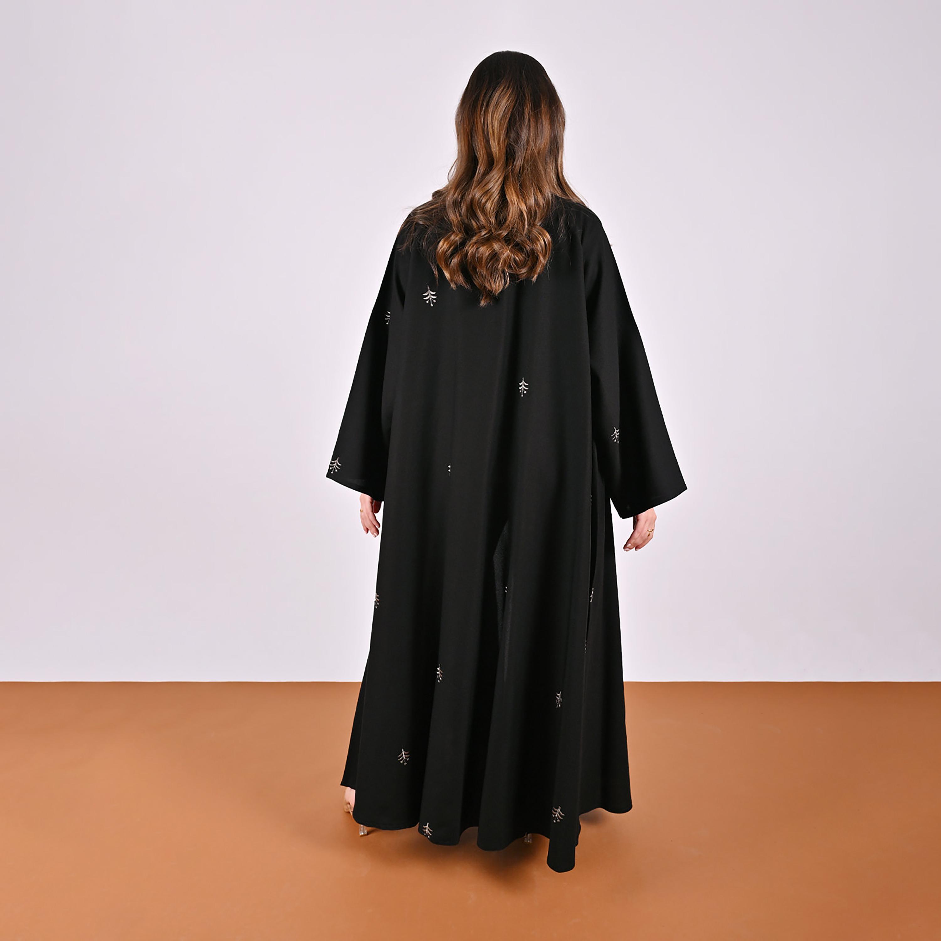 Hawraa Black Embroidered Wide Sleeves Linen Women's Flared Style Abaya-women-arabicclothing-abayas-image-5