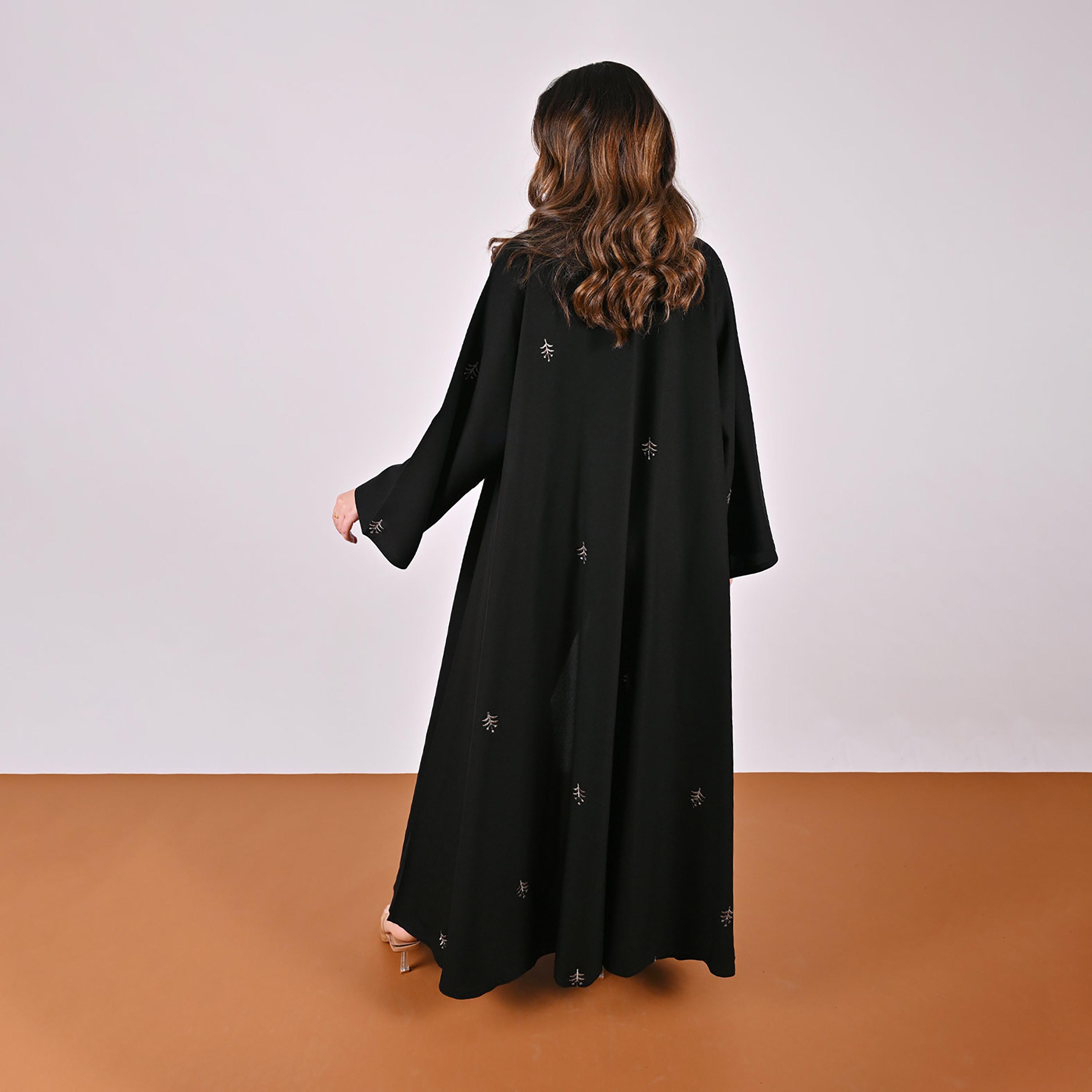 Hawraa Black Embroidered Wide Sleeves Linen Women's Flared Style Abaya-women-arabicclothing-abayas-image-6