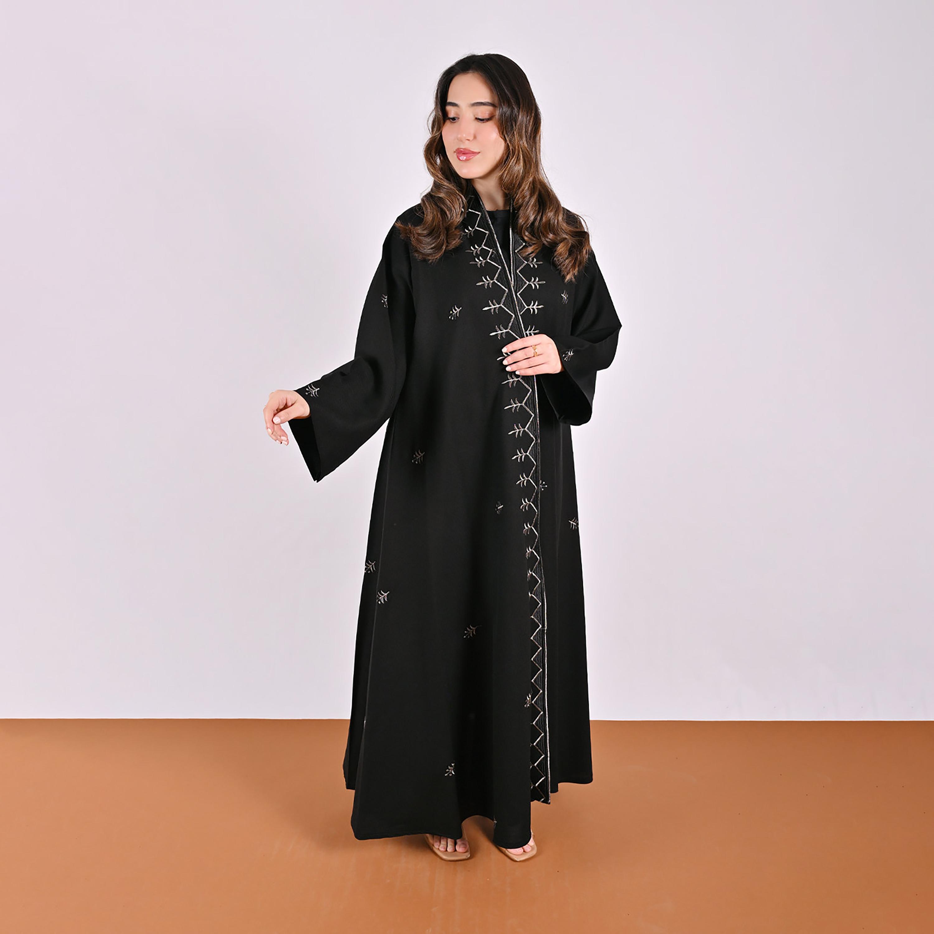 Hawraa Black Embroidered Wide Sleeves Linen Women's Flared Style Abaya-women-arabicclothing-abayas-image-7