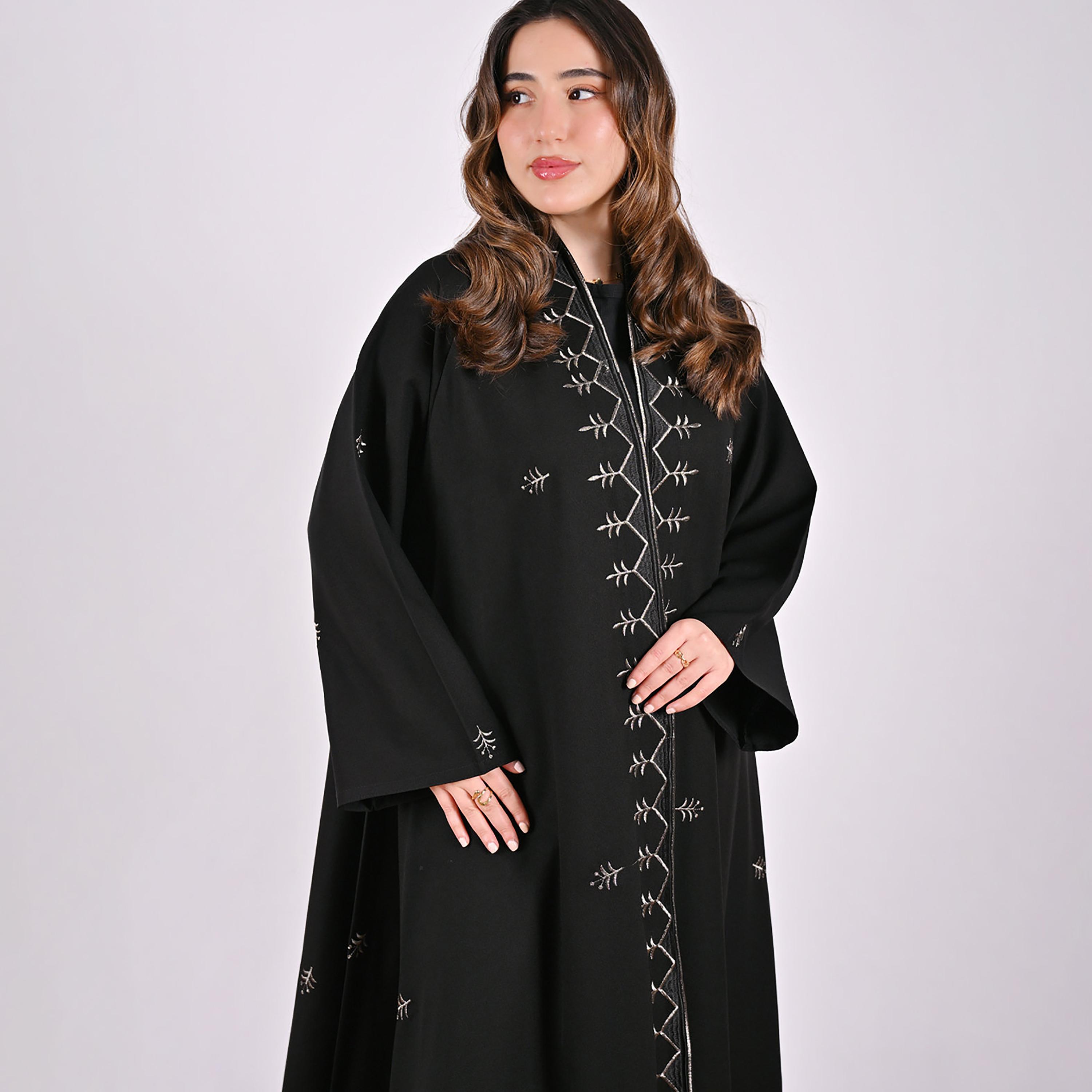 Hawraa Black Embroidered Wide Sleeves Linen Women's Flared Style Abaya-women-arabicclothing-abayas-image-8