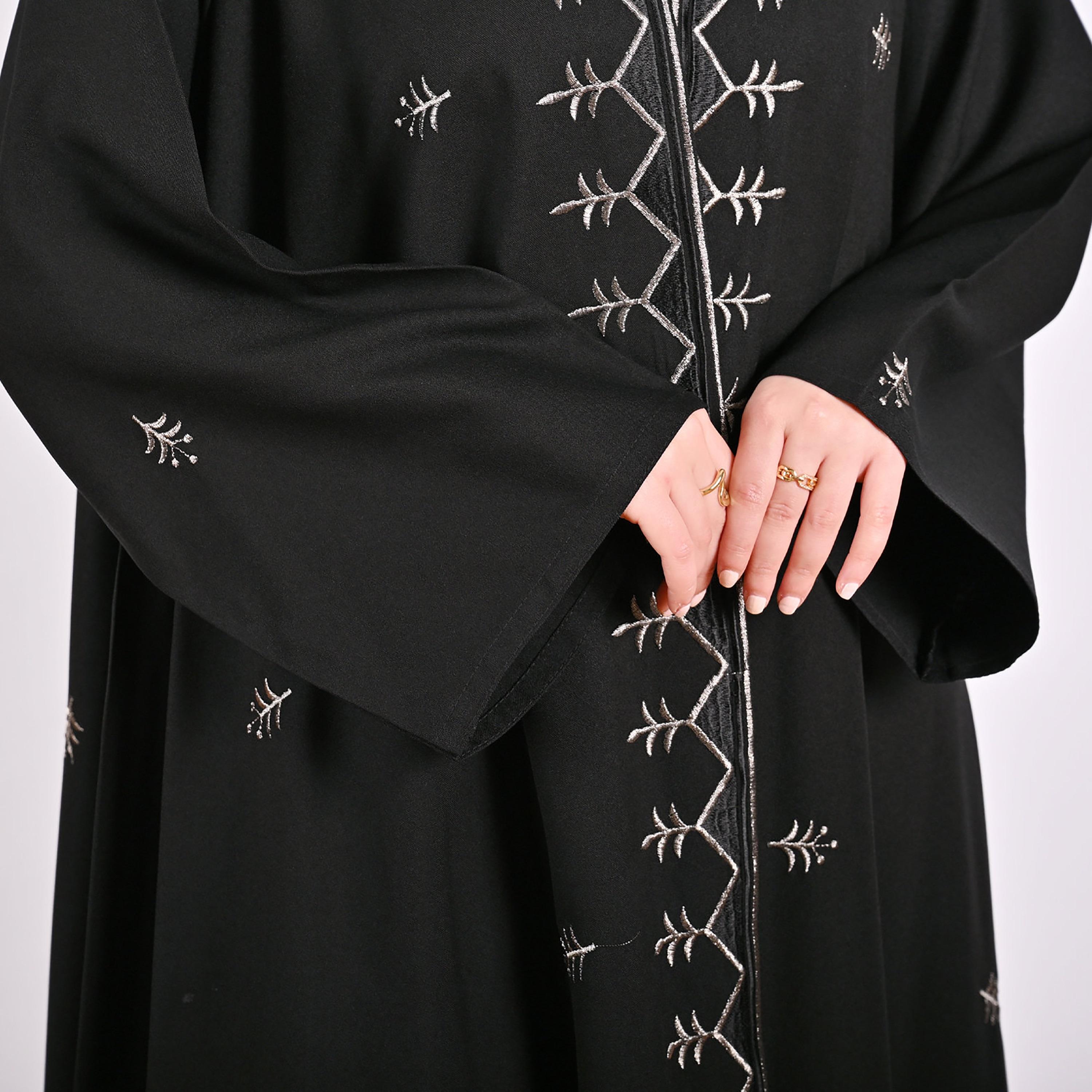 Hawraa Black Embroidered Wide Sleeves Linen Women's Flared Style Abaya-women-arabicclothing-abayas-image-9