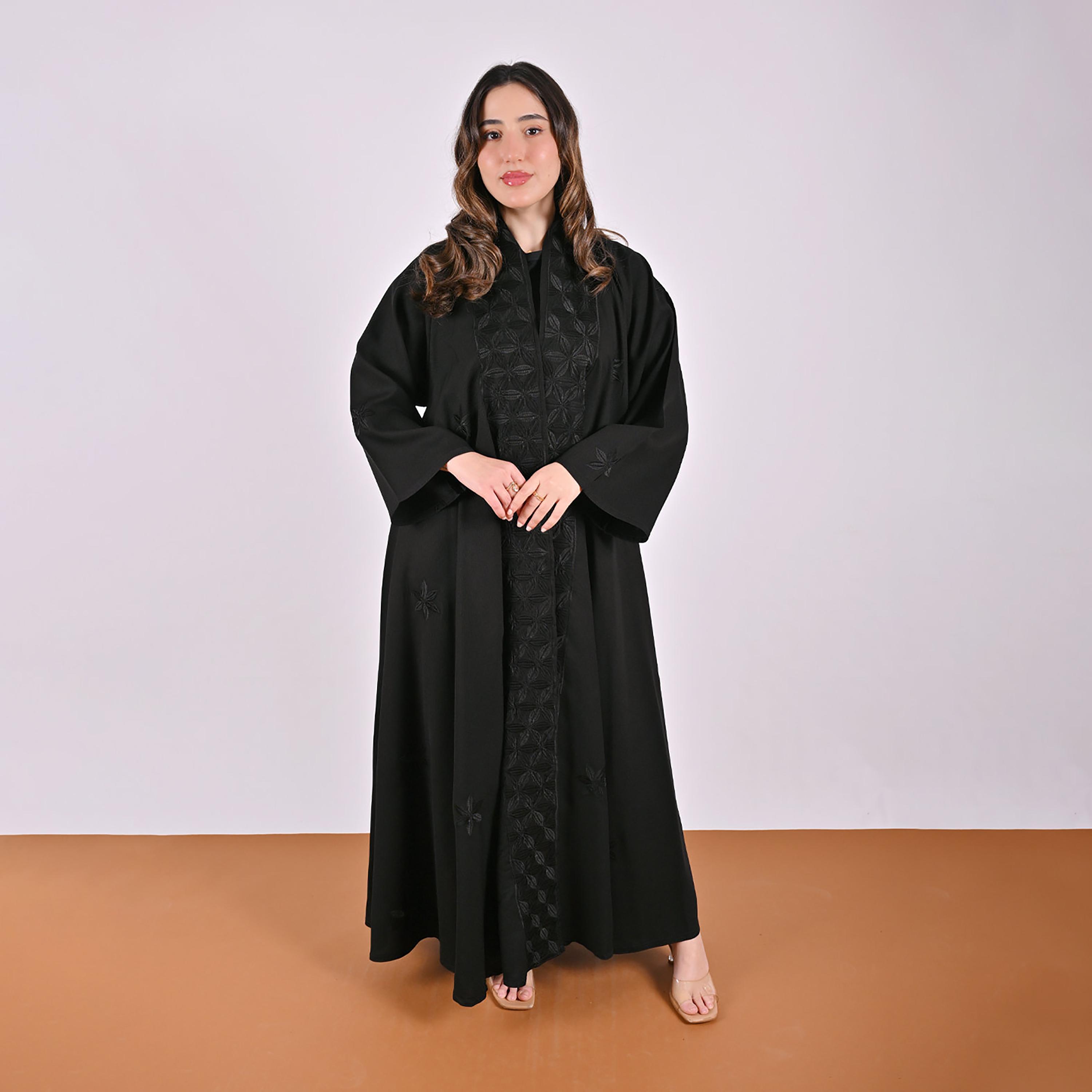 Hawraa Black Floral Embroidered Linen Women's Flared Style Abaya with Hijab-women-arabicclothing-abayas-image-1