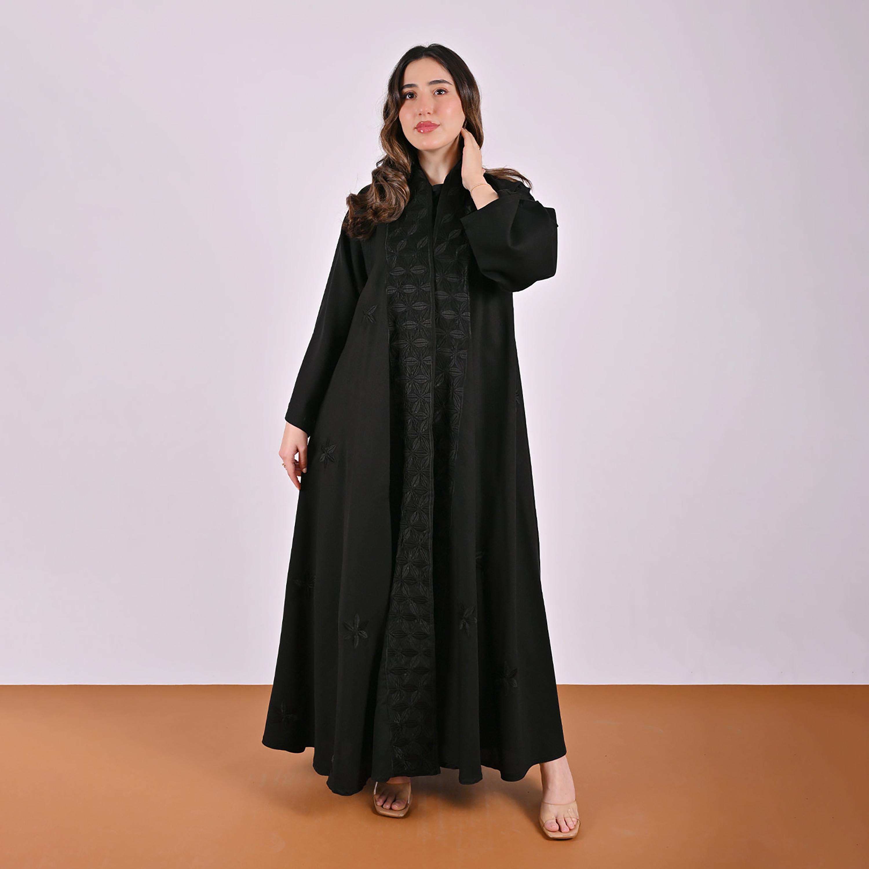 Hawraa Black Floral Embroidered Linen Women's Flared Style Abaya with Hijab-women-arabicclothing-abayas-image-10