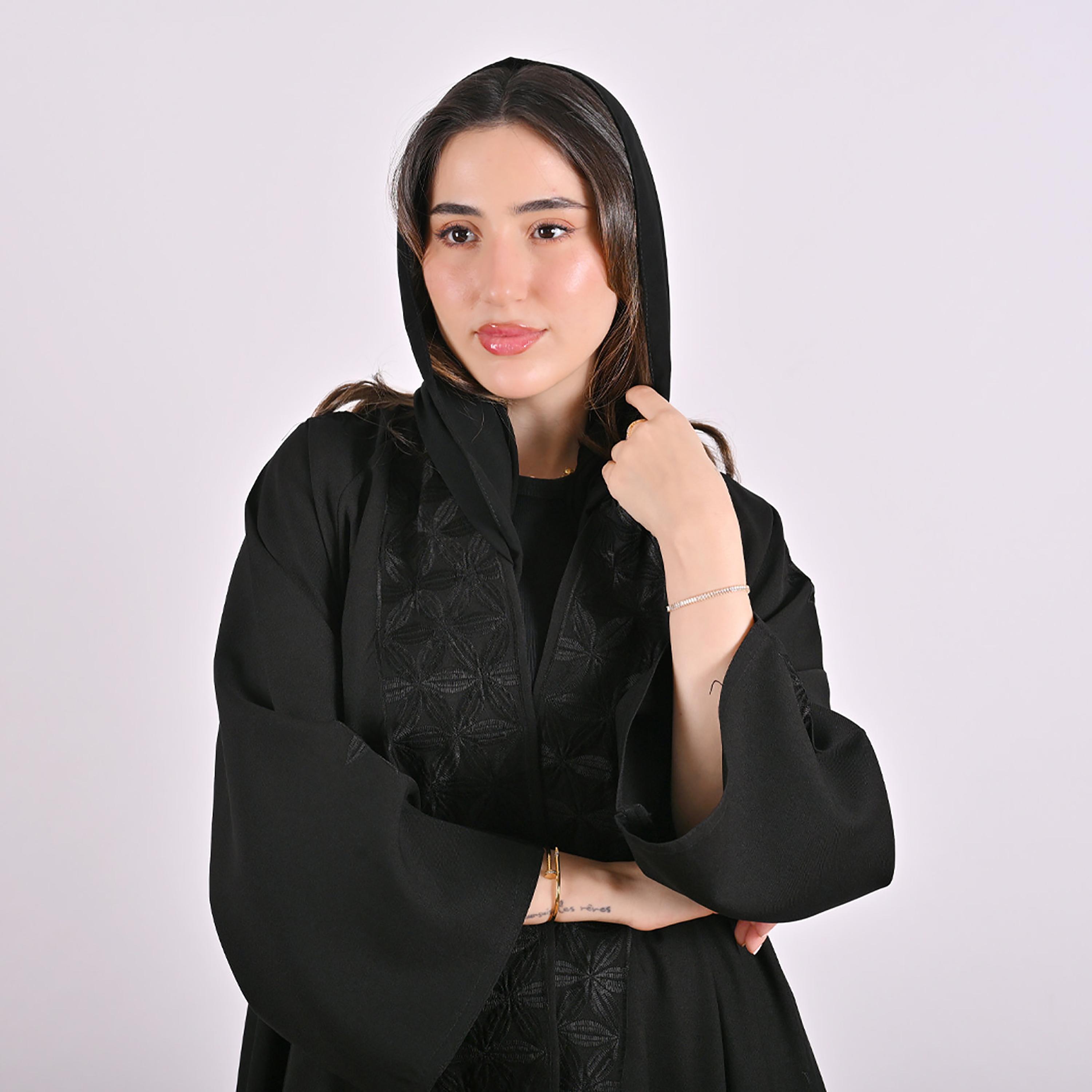 Hawraa Black Floral Embroidered Linen Women's Flared Style Abaya with Hijab-women-arabicclothing-abayas-image-11