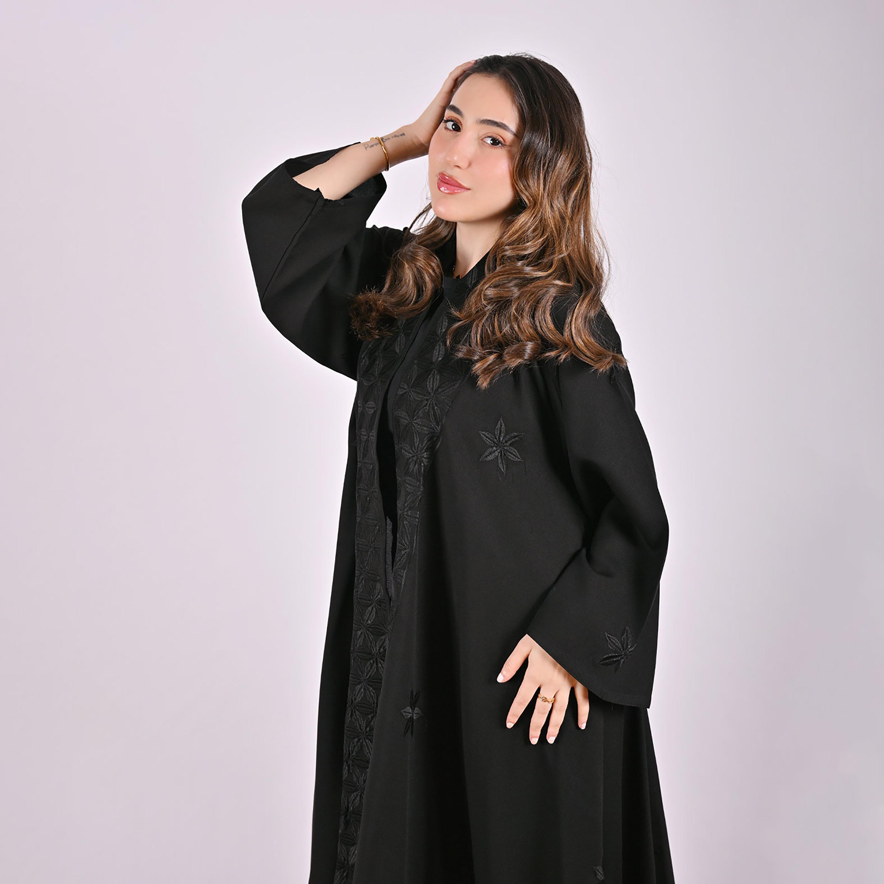 Hawraa Black Floral Embroidered Linen Women's Flared Style Abaya with Hijab-women-arabicclothing-abayas-image-12