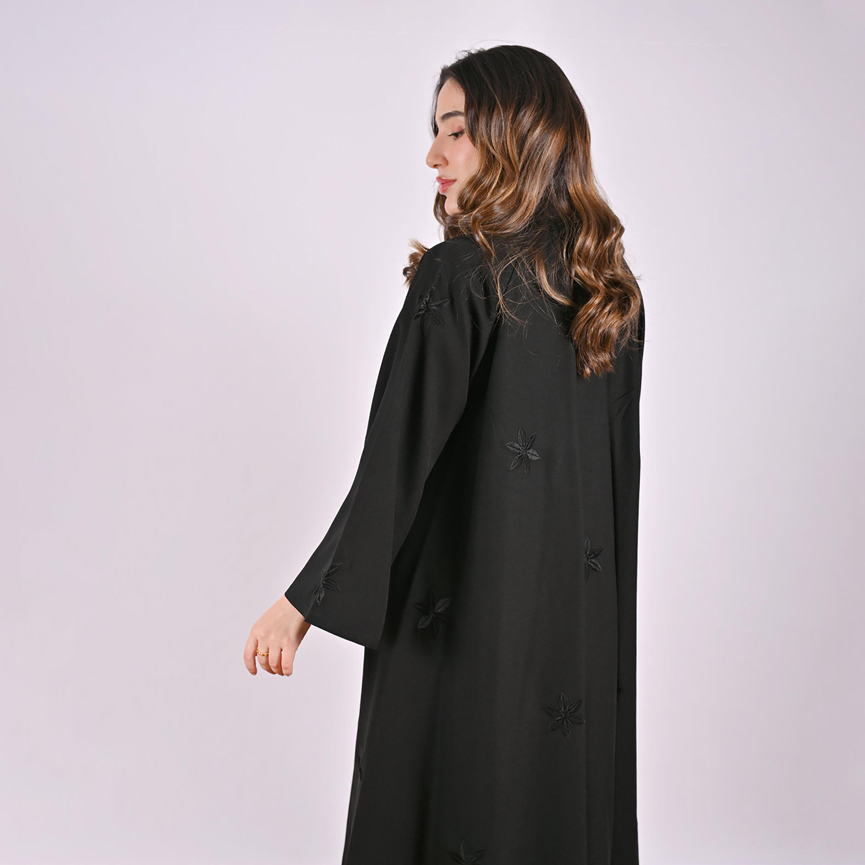 Hawraa Black Floral Embroidered Linen Women's Flared Style Abaya with Hijab-women-arabicclothing-abayas-image-2