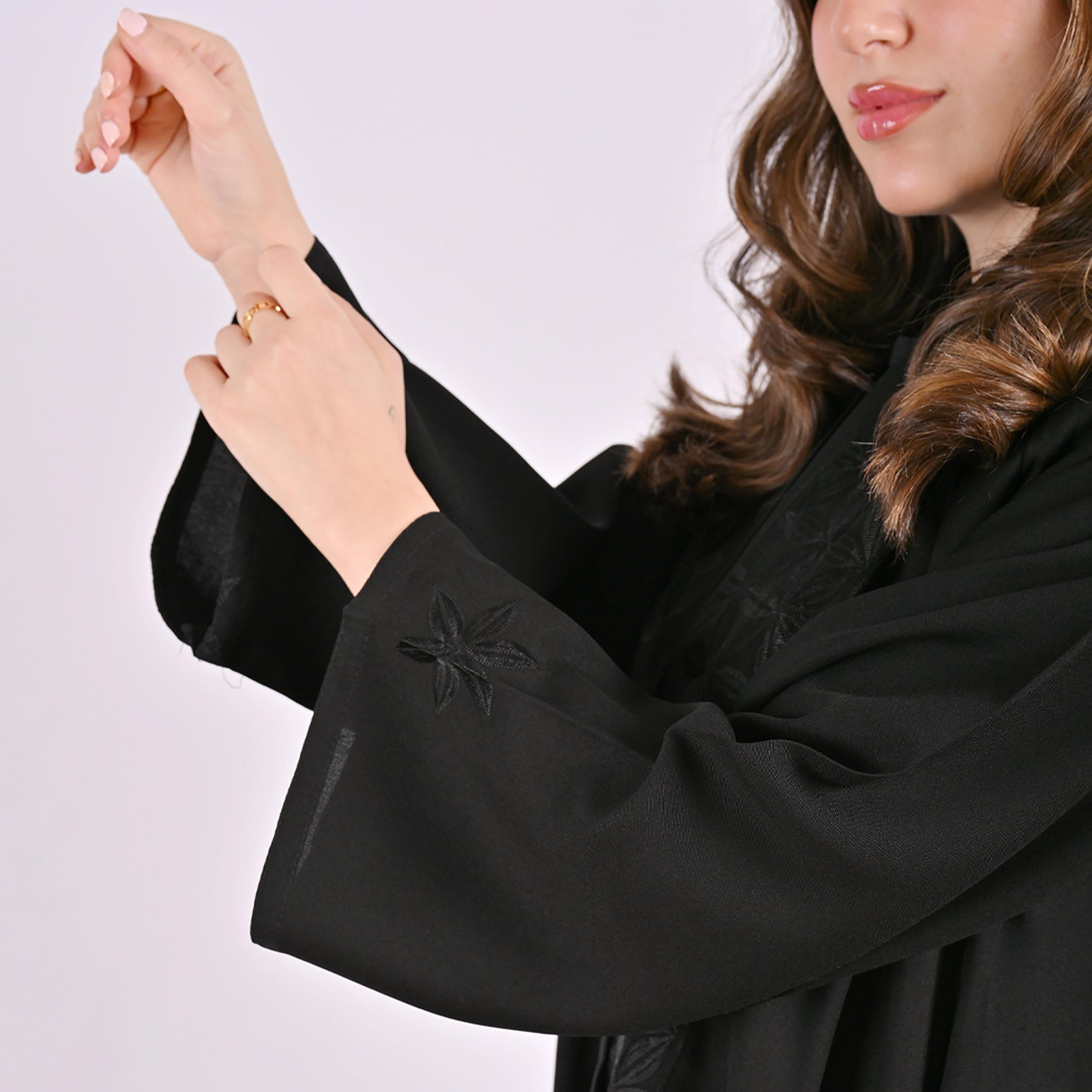 Hawraa Black Floral Embroidered Linen Women's Flared Style Abaya with Hijab-women-arabicclothing-abayas-image-3