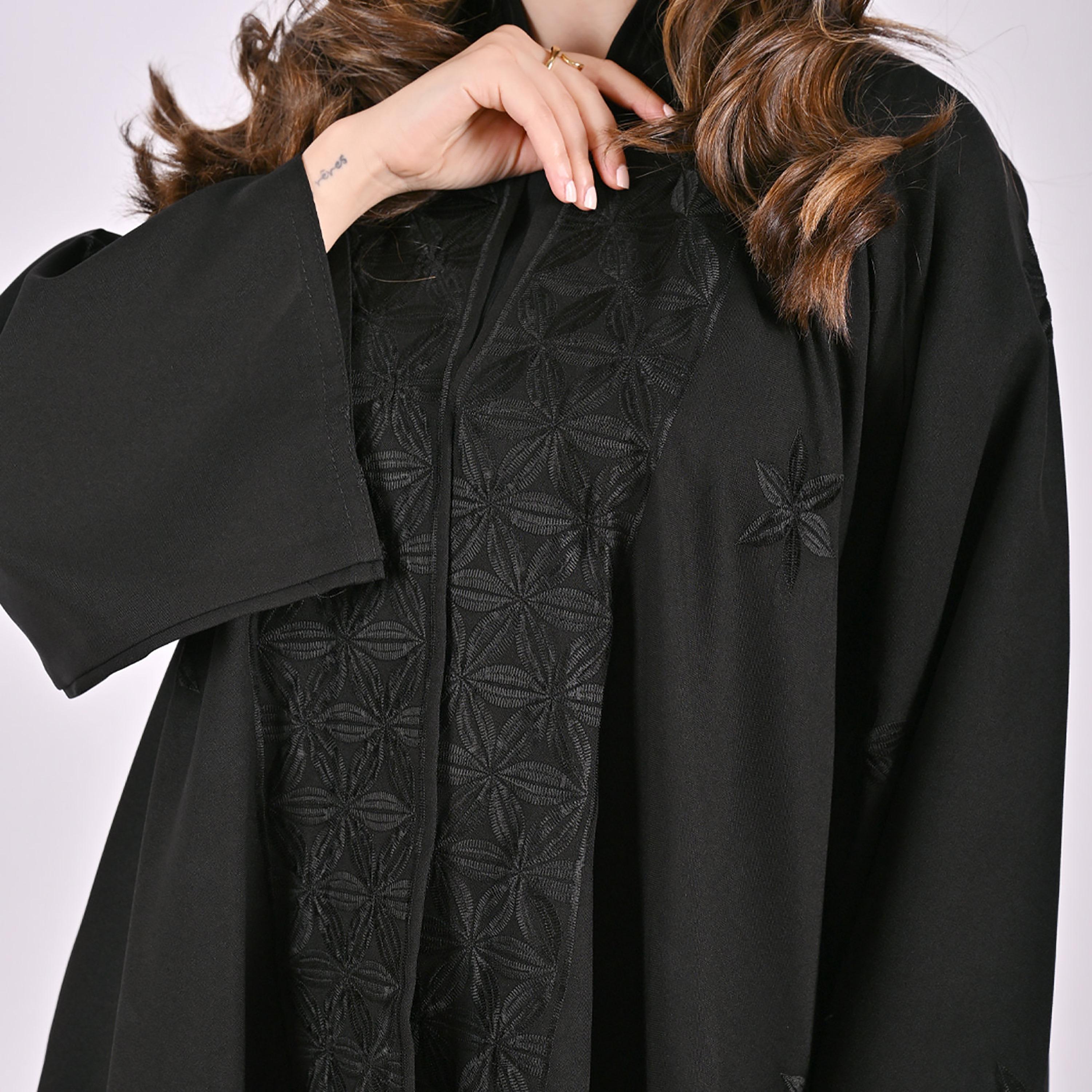 Hawraa Black Floral Embroidered Linen Women's Flared Style Abaya with Hijab-women-arabicclothing-abayas-image-4