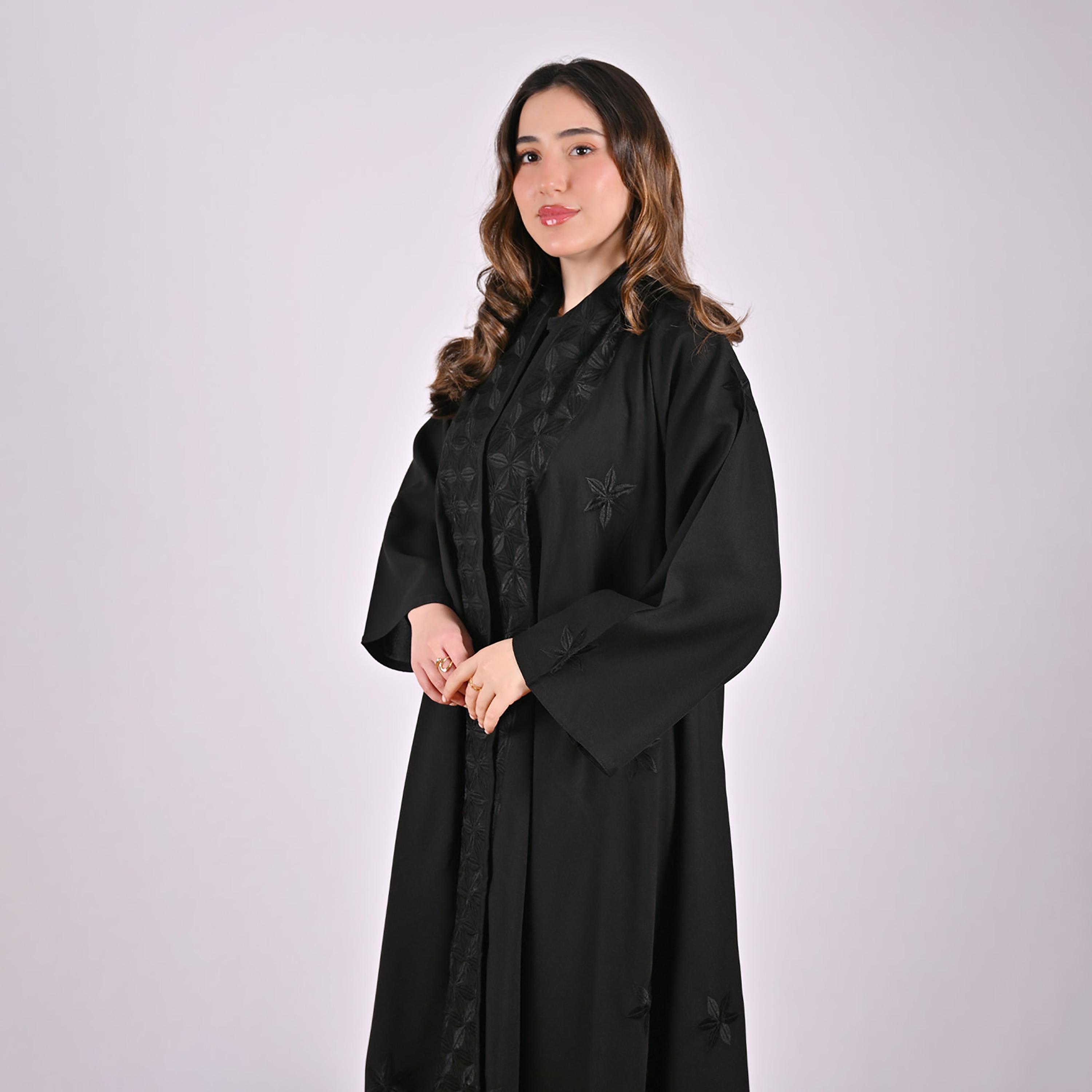 Hawraa Black Floral Embroidered Linen Women's Flared Style Abaya with Hijab-women-arabicclothing-abayas-image-5