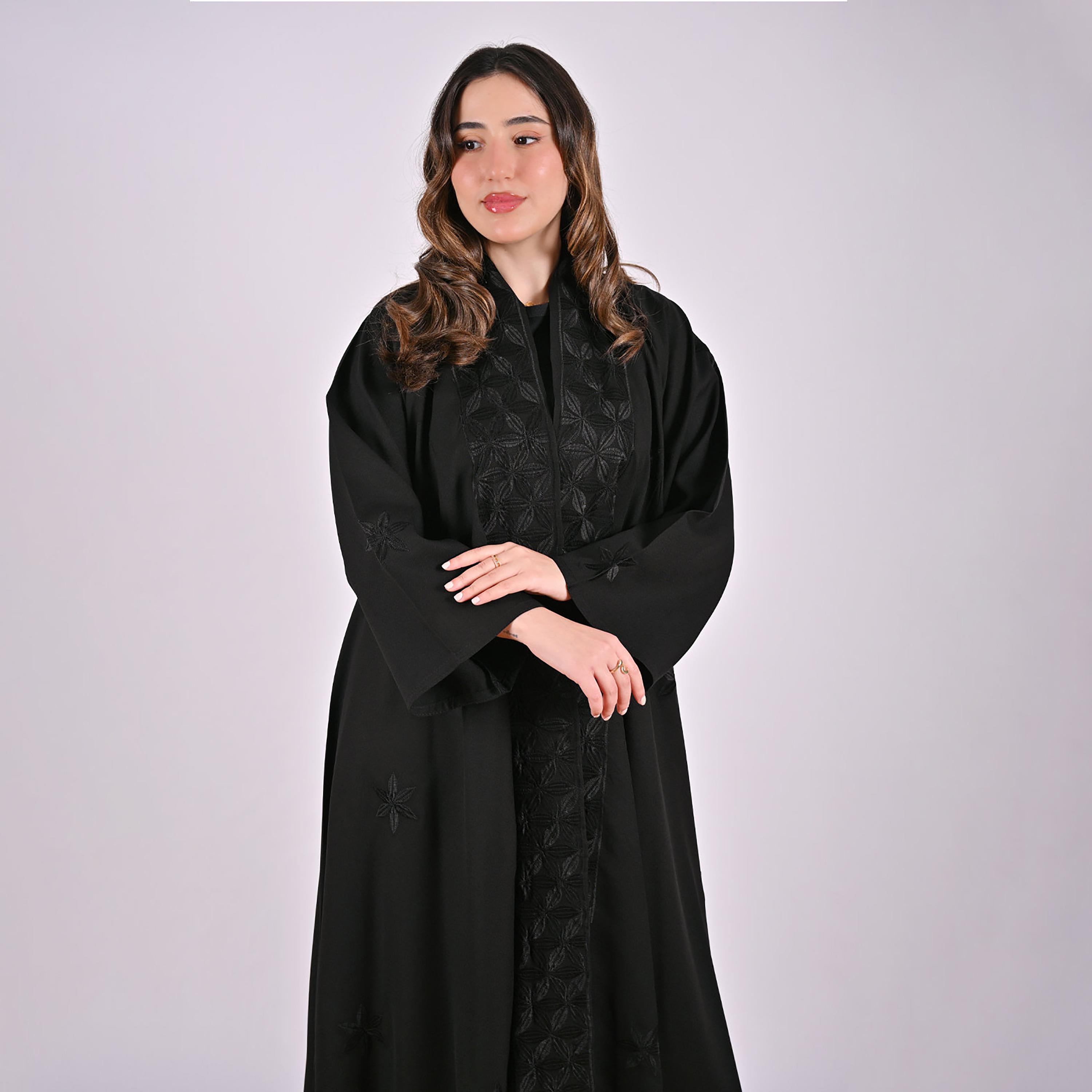 Hawraa Black Floral Embroidered Linen Women's Flared Style Abaya with Hijab-women-arabicclothing-abayas-image-6