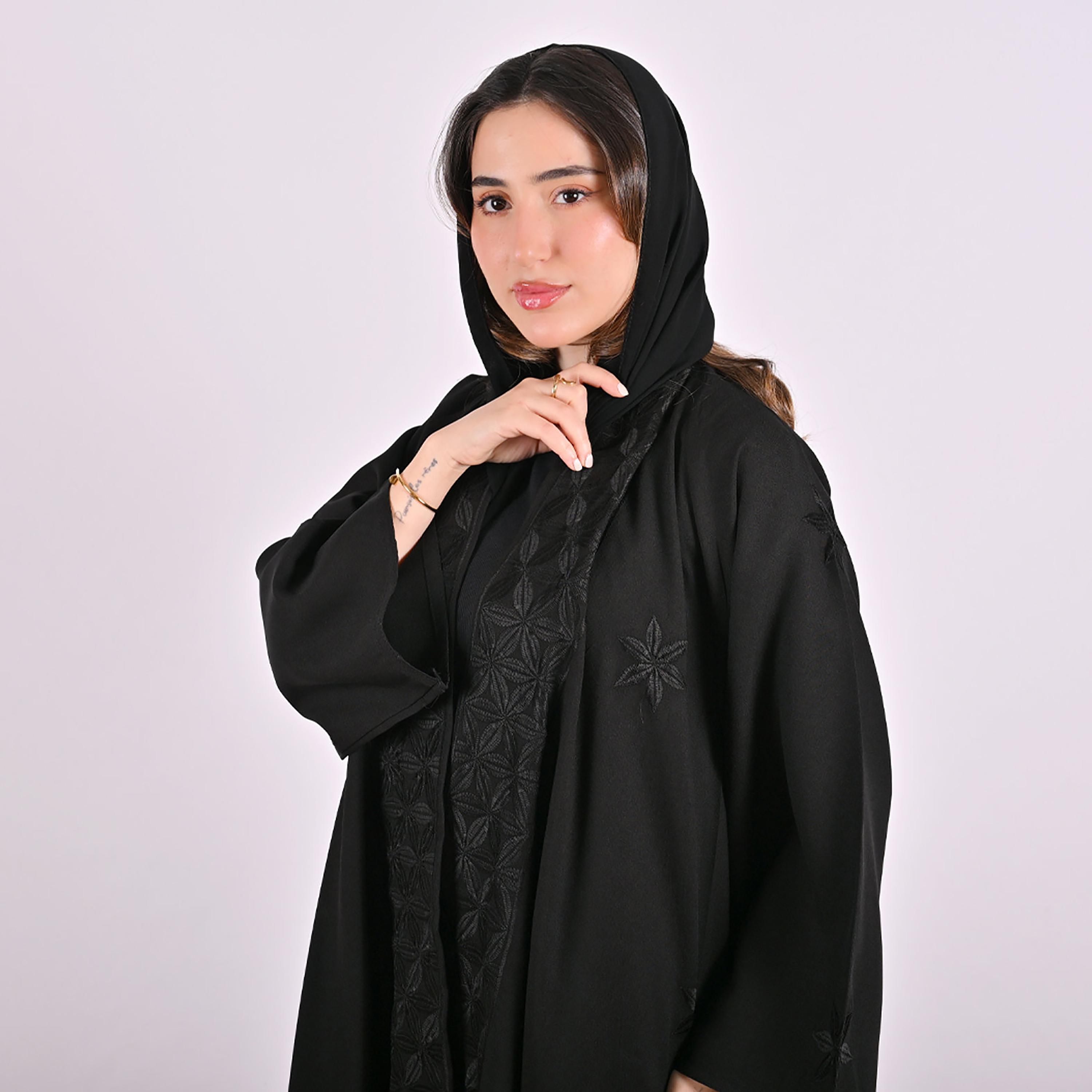 Hawraa Black Floral Embroidered Linen Women's Flared Style Abaya with Hijab-women-arabicclothing-abayas-image-7