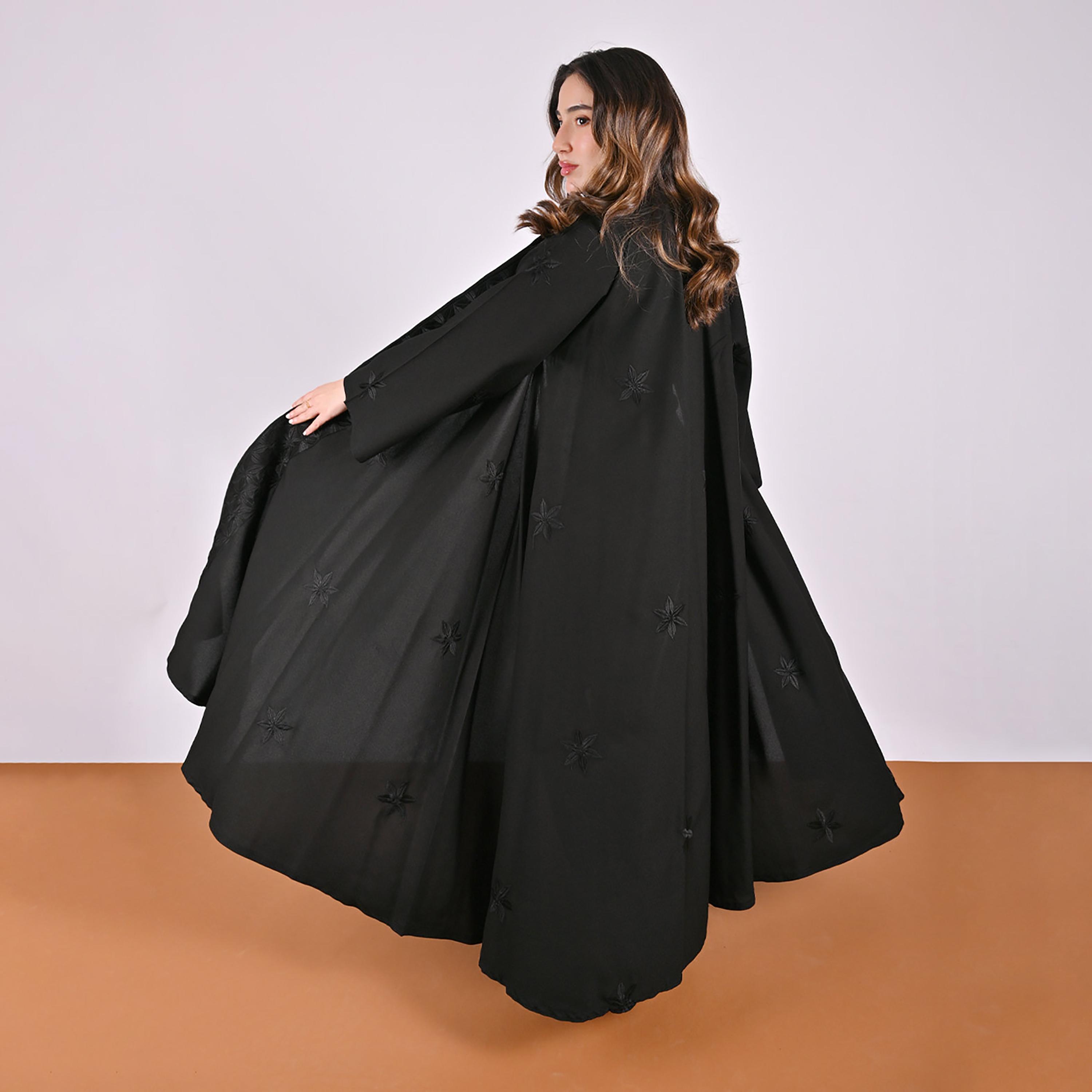 Hawraa Black Floral Embroidered Linen Women's Flared Style Abaya with Hijab-women-arabicclothing-abayas-image-8