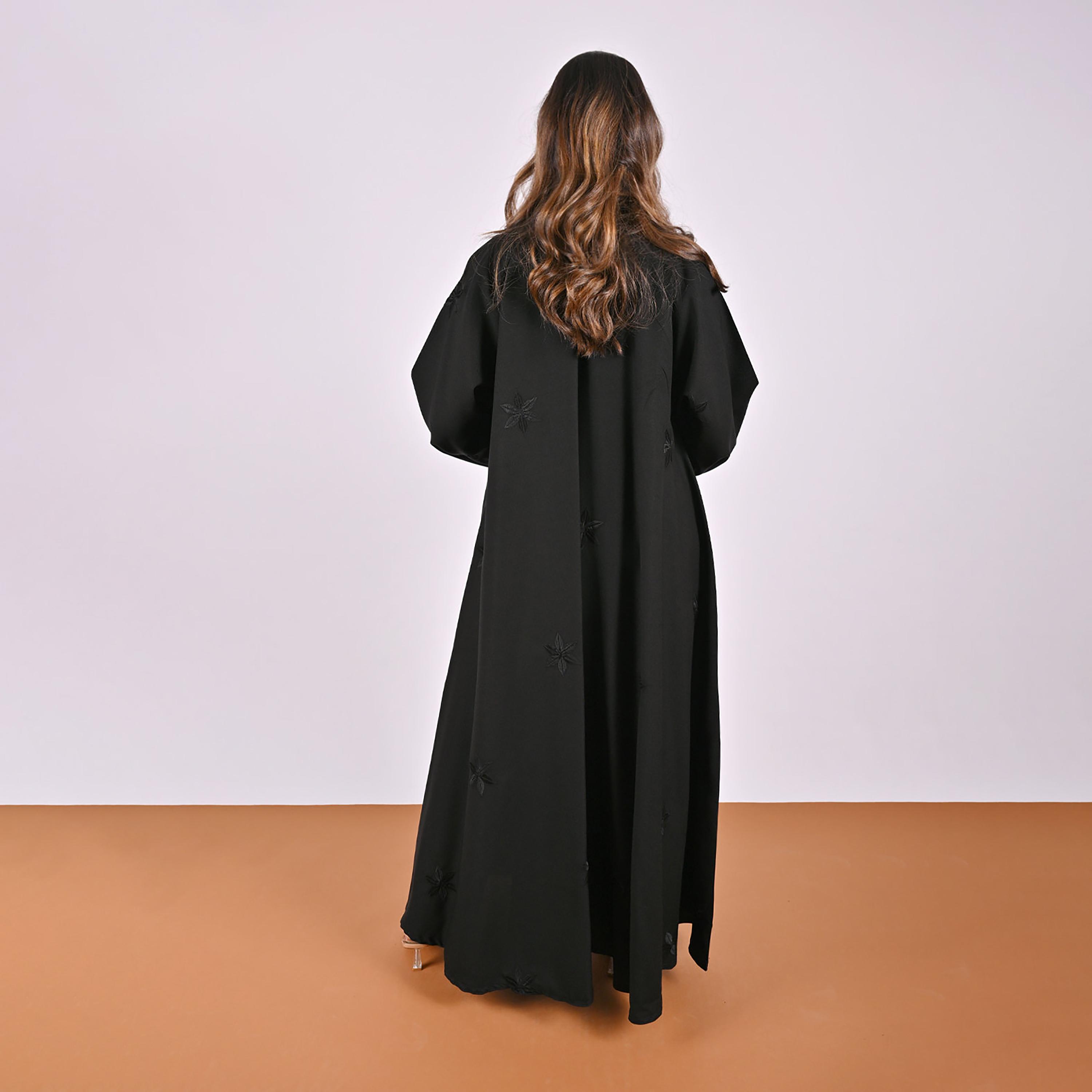 Hawraa Black Floral Embroidered Linen Women's Flared Style Abaya with Hijab-women-arabicclothing-abayas-image-9
