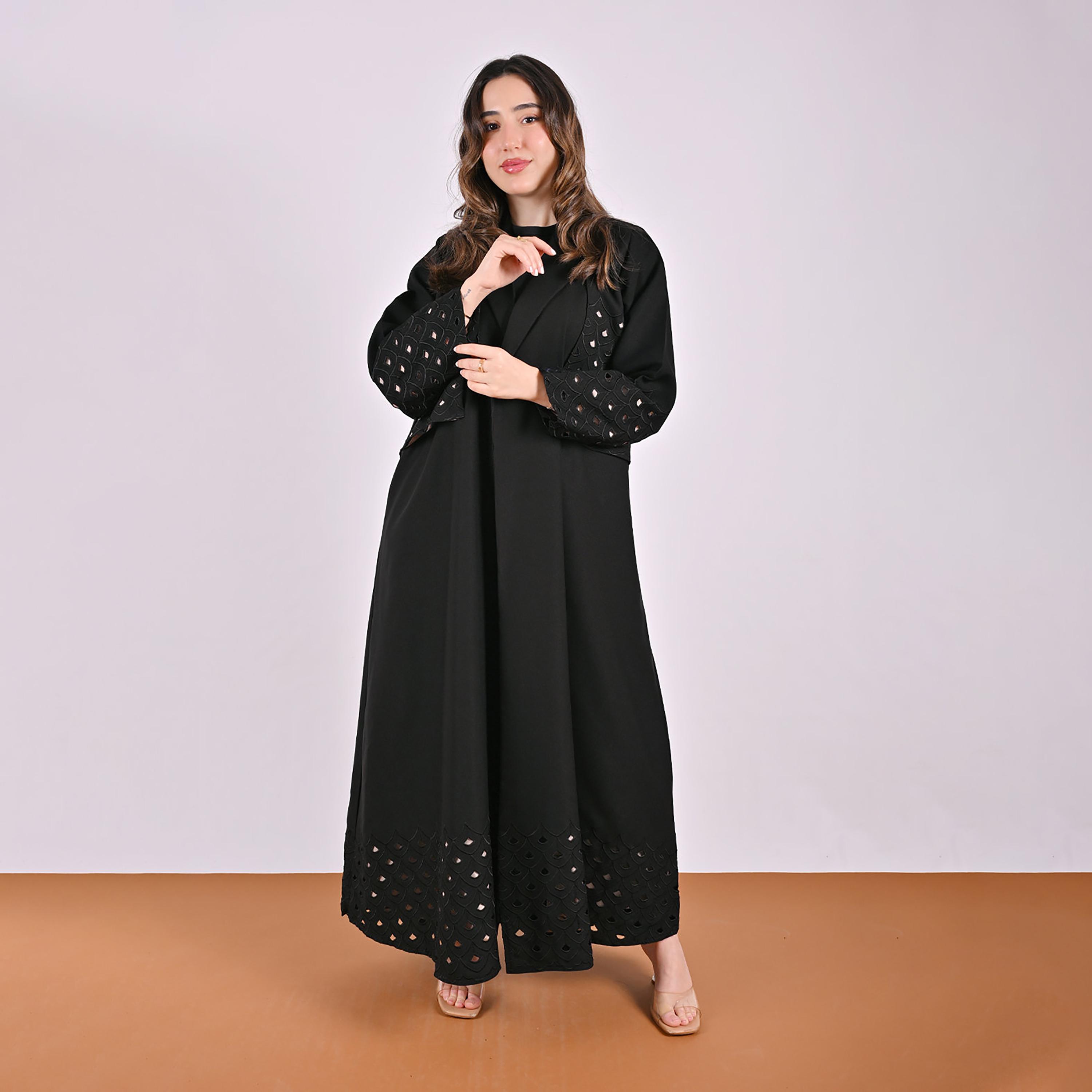 Hawraa Cutwork Embroidered Lapel Collar Linen Women's Blazer Style Abaya-women-arabicclothing-abayas-image-1