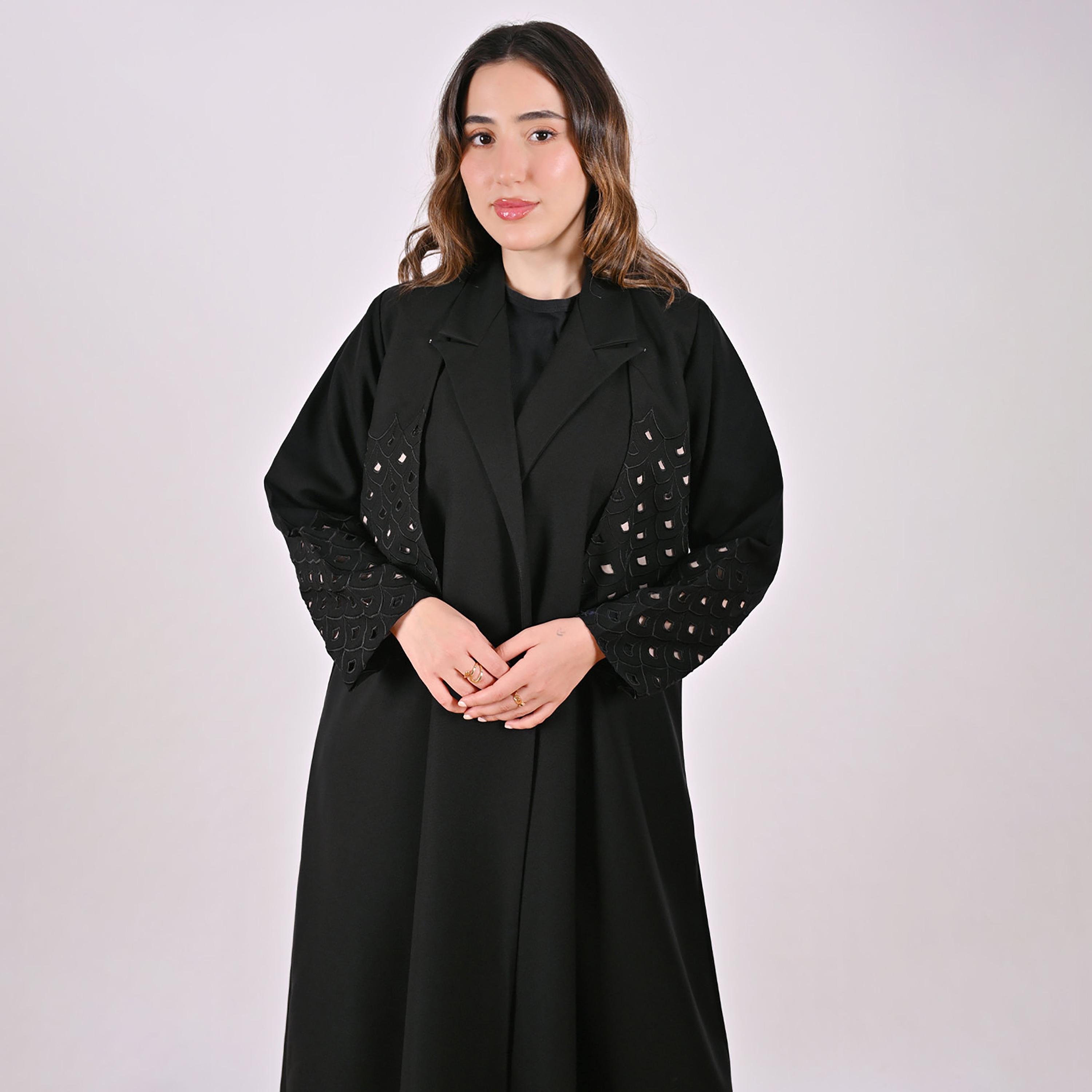 Hawraa Cutwork Embroidered Lapel Collar Linen Women's Blazer Style Abaya-women-arabicclothing-abayas-image-2