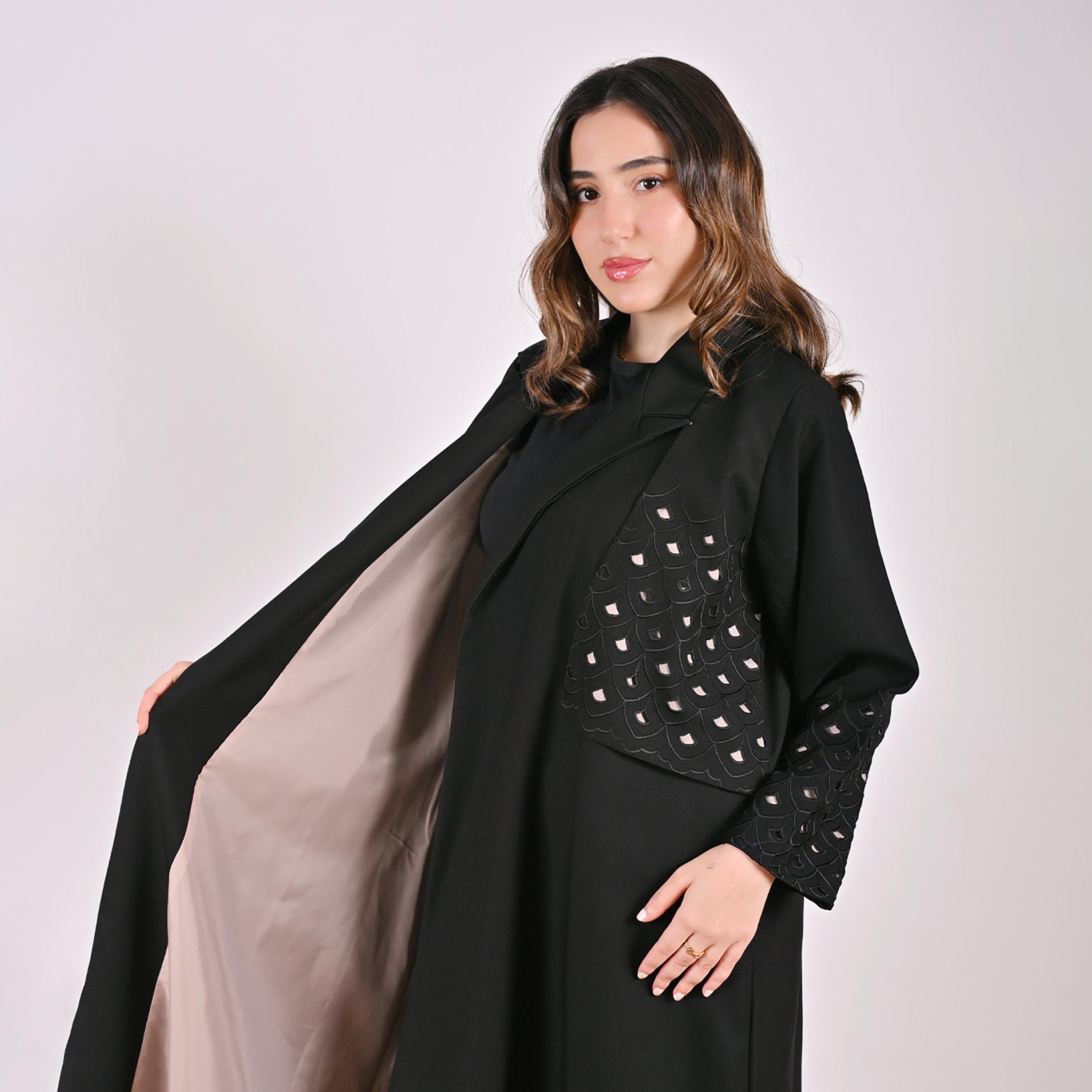 Hawraa Cutwork Embroidered Lapel Collar Linen Women's Blazer Style Abaya-women-arabicclothing-abayas-image-3