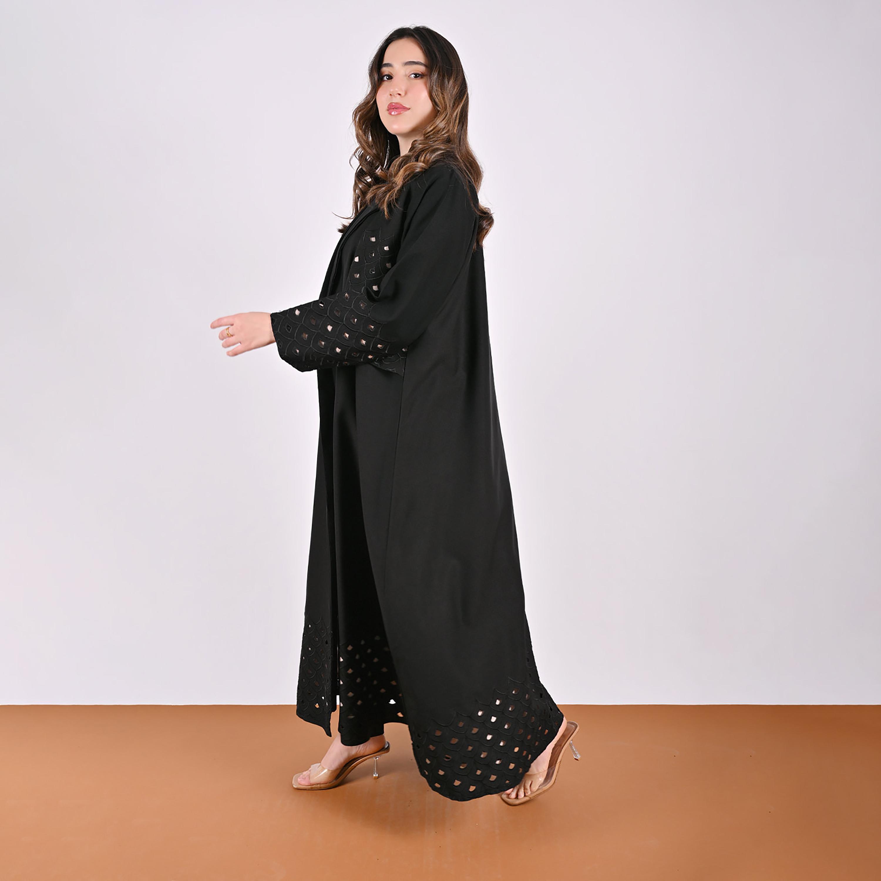 Hawraa Cutwork Embroidered Lapel Collar Linen Women's Blazer Style Abaya-women-arabicclothing-abayas-image-5