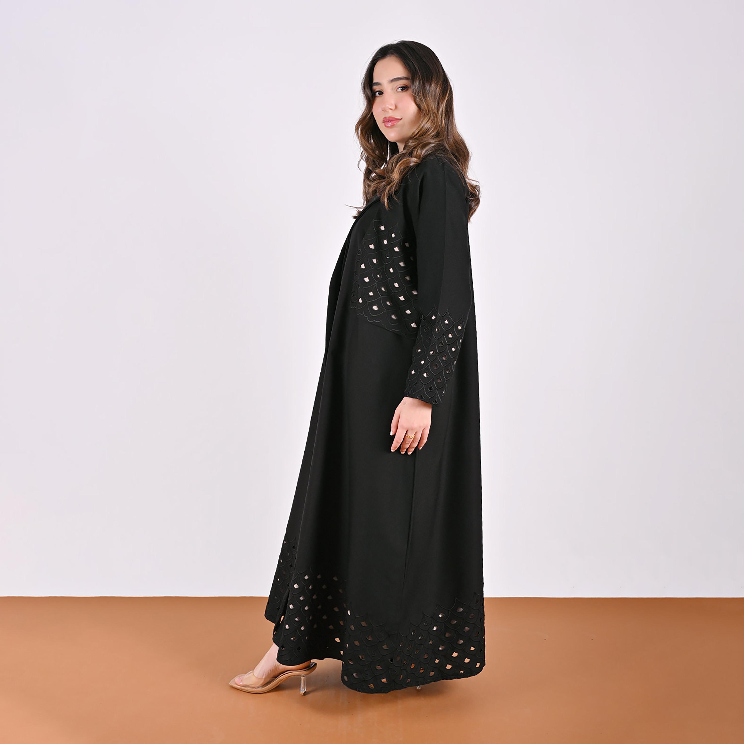 Hawraa Cutwork Embroidered Lapel Collar Linen Women's Blazer Style Abaya-women-arabicclothing-abayas-image-6